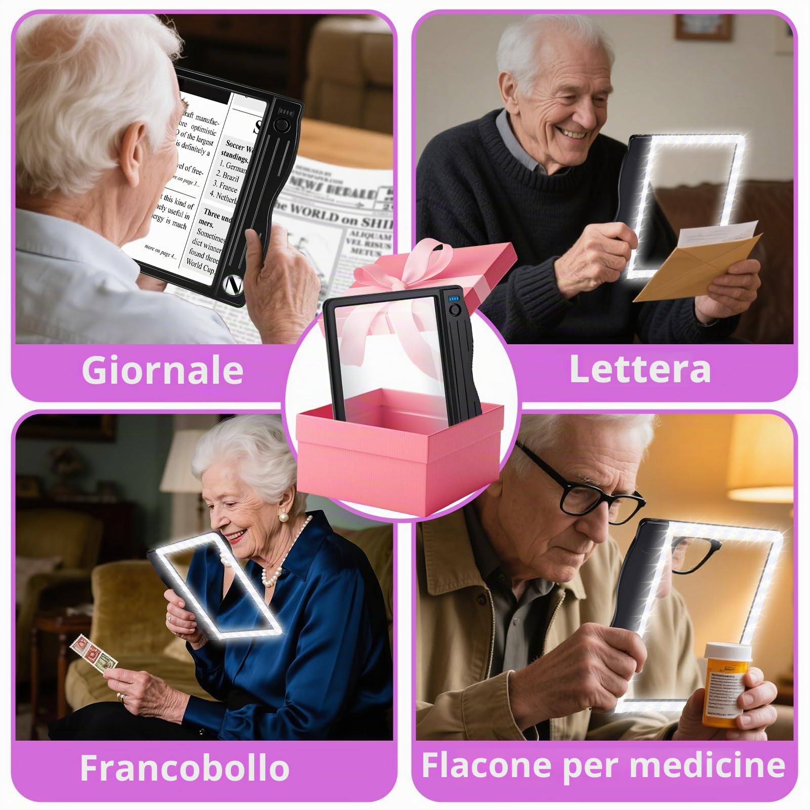 NZQXJXZ 6X 30X Lente Ingrandimento con Luce, Lente d'ingrandimento Rettangolare a Pagina Intera con 36 LED e 3 Livelli di Luminosità, Ricaricabile Lente di Ingrandimento per Lettura, Anziani