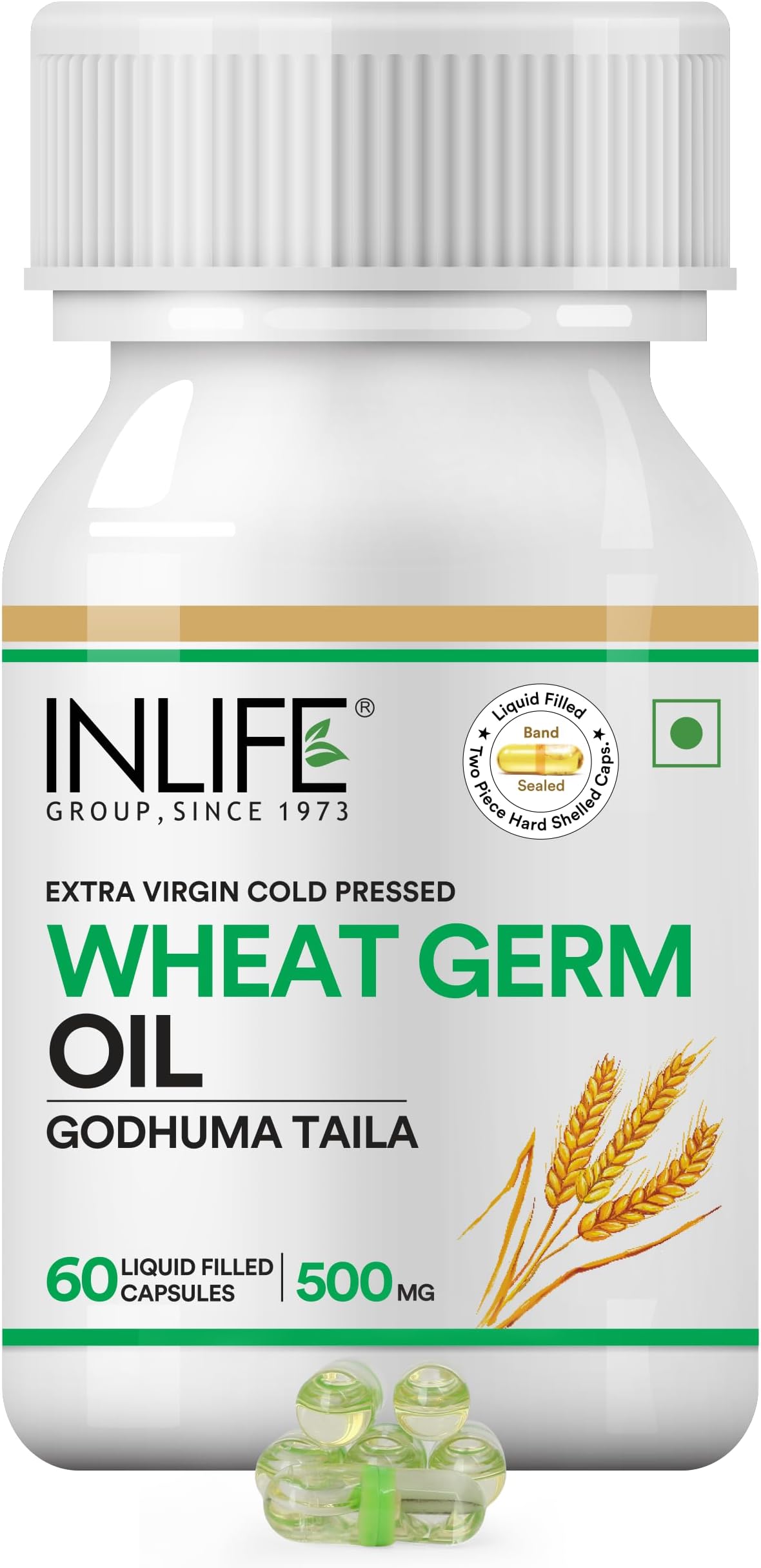 INLIFE Wheat Germ Oil Supplement | Natural Source of Vitamin E, 500 mg - 60 Capsules (Pack of 1, 60, count)