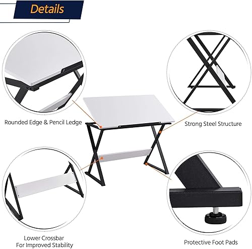 Miniatura 6 de Yaheetech Mesa de dibujo para artistas, escritorio de arte, dibujo, pintura, mesa de estudio con mesa inclinada, estación de trabajo para adultos,