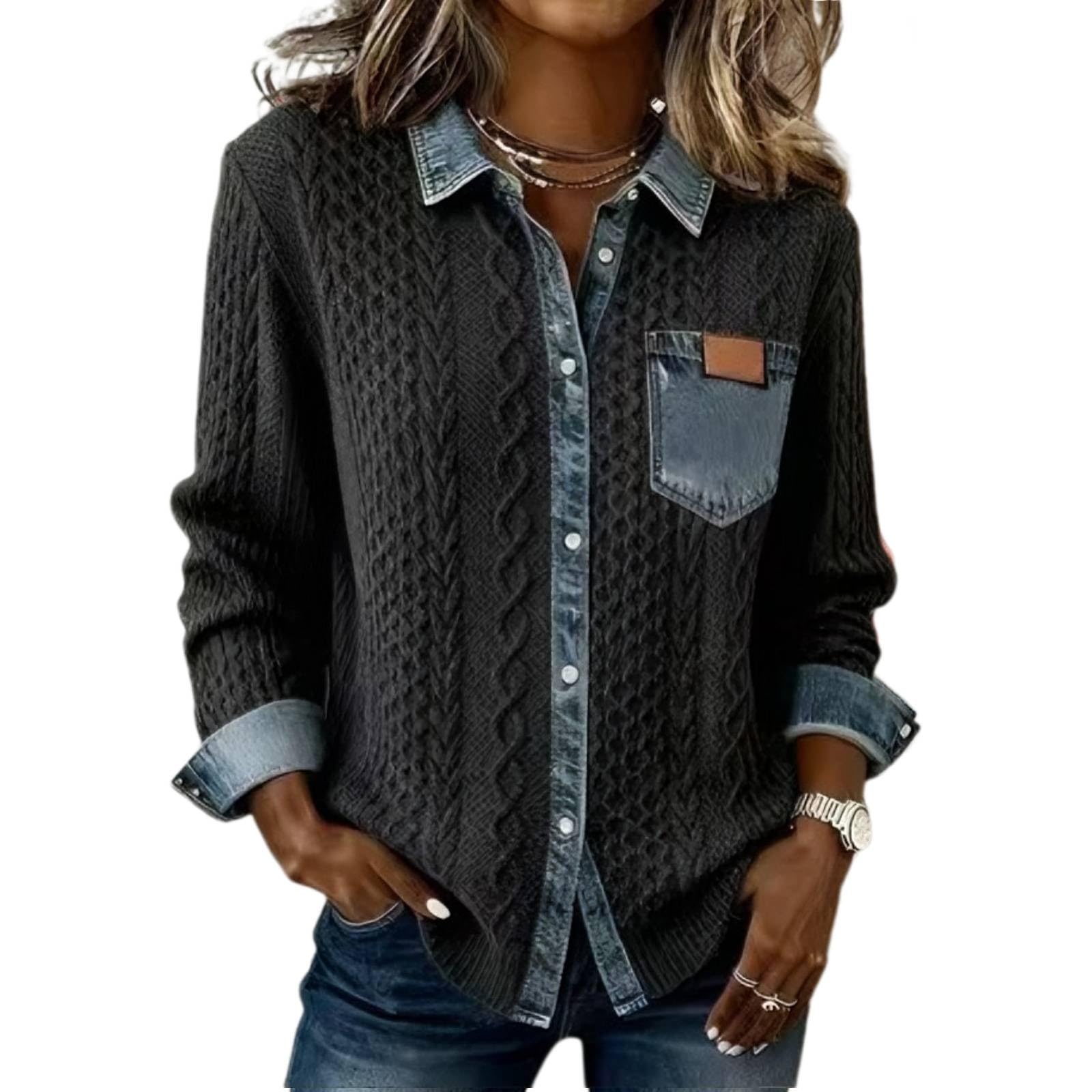 Denim Sweater for Women Collar Button up Patchwork Denim Pullover Tops Vintage Waffle Knit Jean Sweater Casual Wear