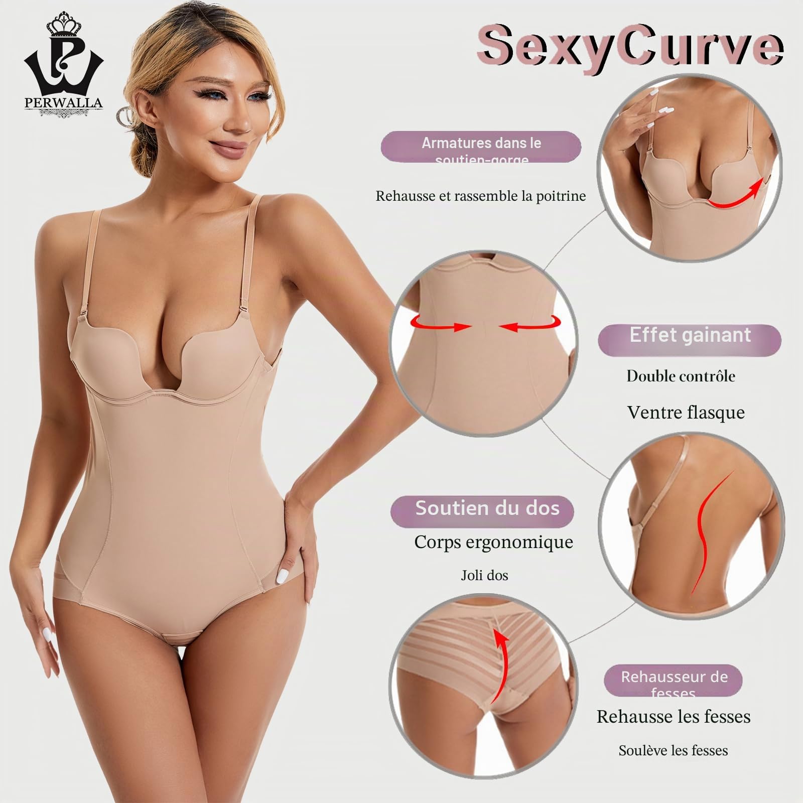 Body gainant dos nu sexy en U pour femme - Soutien-gorge plongeant - Contrôle du ventre - Pour robes de mariée