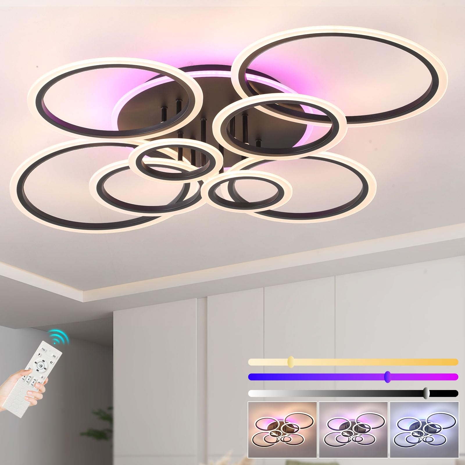 ZAITINZ Black 80W Multi-Function LED Ceiling Light, Flush Mount Fixture with Timer/Memory & Night Light Button,8-Rings Tri-Color Chassis,Dimmable 3000K-6000K,4800lm for Kitchen,Bedroom,Living Room