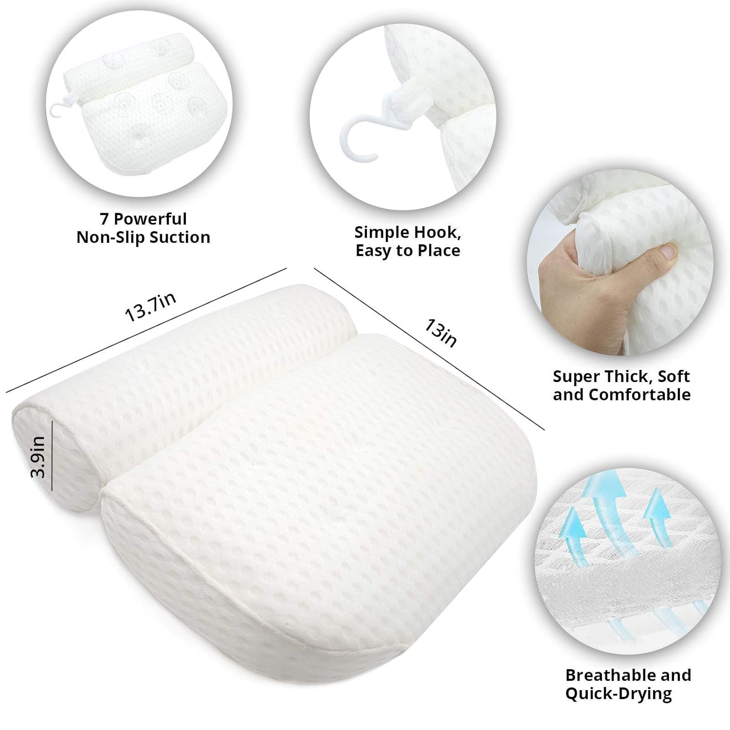 BaiQiuS Bath Pillow,7 Non Slip Strong Suction Cups,4D Air Mesh Breathable,Super Thick Soft,Luxury Bathtub Spa Pillow for Tub Neck and Back Support,Fits All Smooth Bathtub,White : Beauty & Personal Care