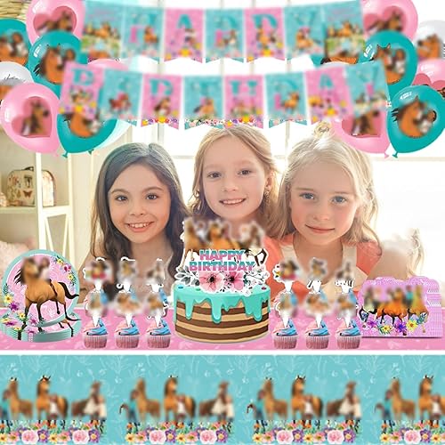 Miniatura 5 de Decoraciones de cumpleaños de caballos de dibujos animados, suministros para fiestas, incluye pancarta, decoración de pastel, decoración de