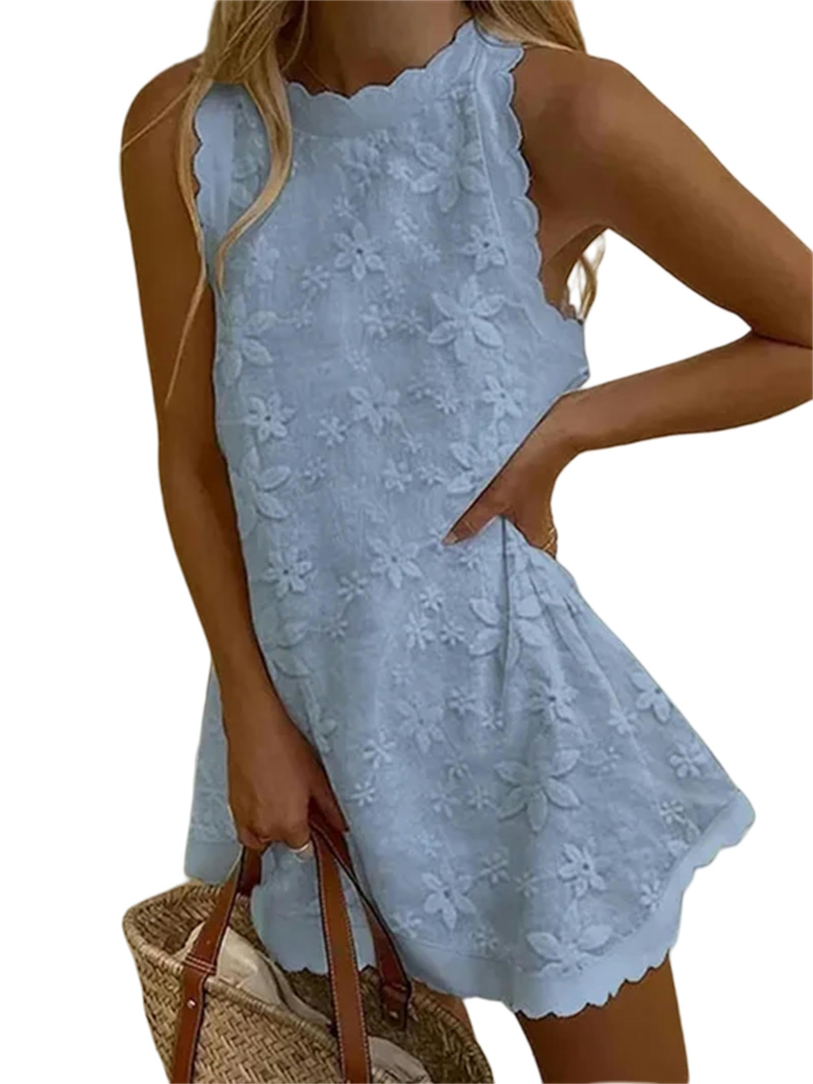 Vestido para Mujer Vestido Sin Mangas para Mujeres Elegante Cuello Redondo Y Suelto Elegante Mini Vestido De Encaje Vestido