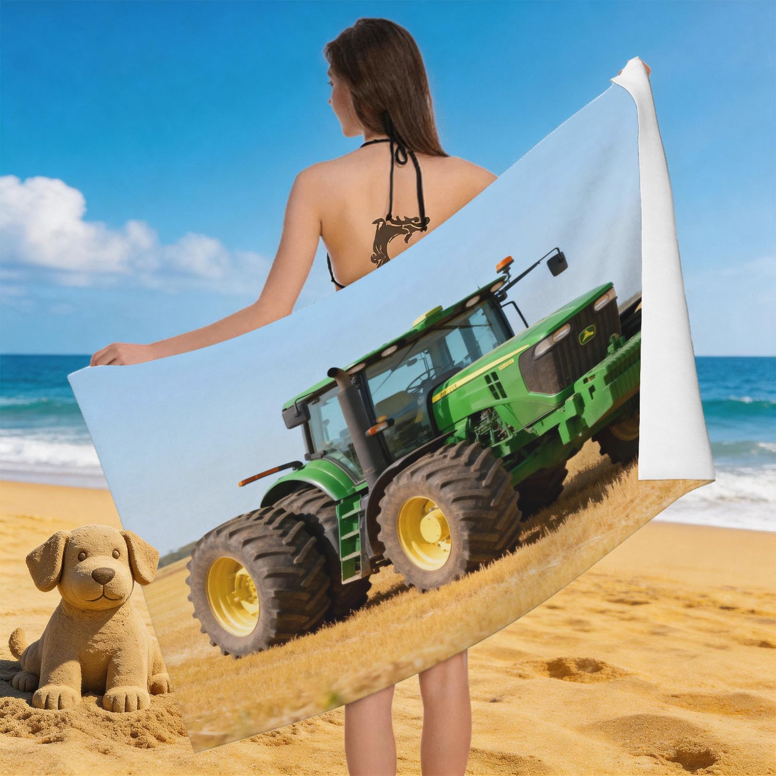 Leichong 3D Green Tractor Beach Towel Microfiber Soft Quick Dry for Adults, Agricultural Machinery Bath Towel Lightweight Soft Absorbent for Travel Swimming Pool Sports, 75 x 150 cm