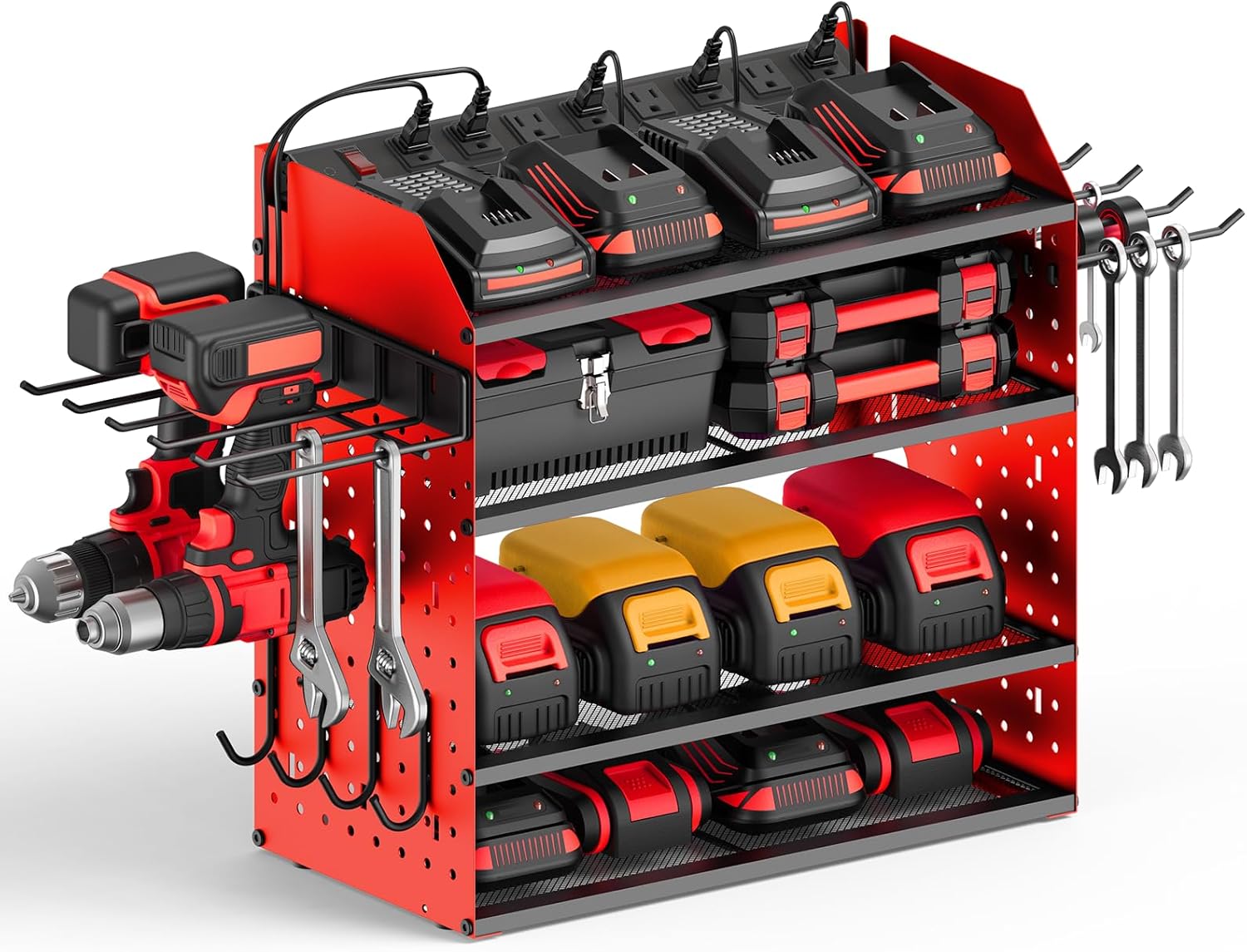CCCEI Modular Desk Power Tools Organizer with Charging Station, 4 Layer Drills Battery Storage Wall Mount, Garage Shop Organization, Anniversary, Birthday, Gifts for Men, Father, Black, 6FT Cord.