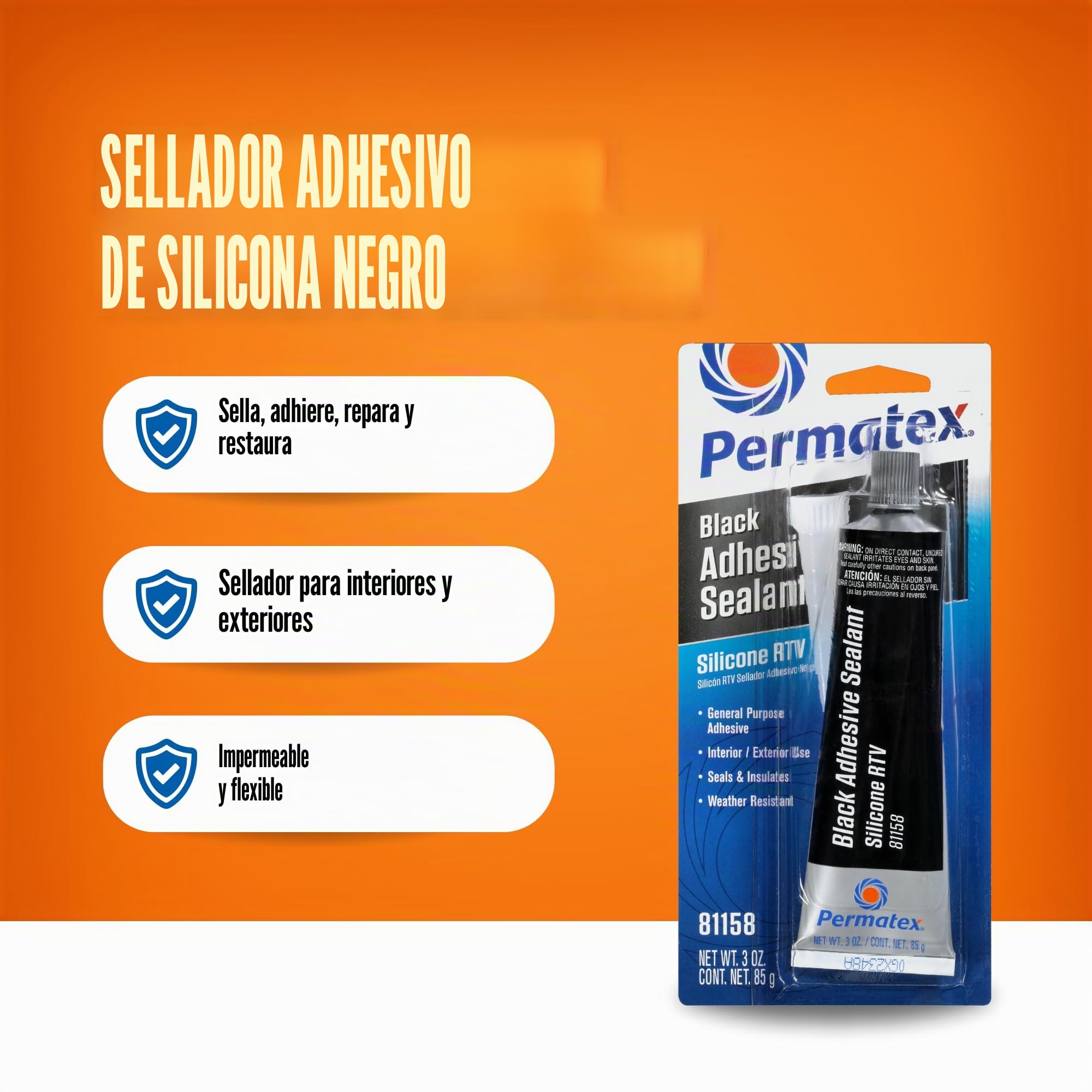 Permatex 81158 Sellador adhesivo de silicona negra, sellador adhesivo multiusos, se puede aplicar a una variedad de superficies, uso interior y exterior, 1 x 85 g