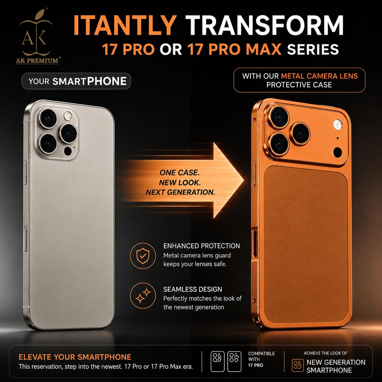 Metal Conversion Kit for i Phone 16 to i Phone 17 Pro Look | Aluminum Back Plate with Metal Camera Frame | Shockproof Back Housing Replacement | Orange — Amazon image 3