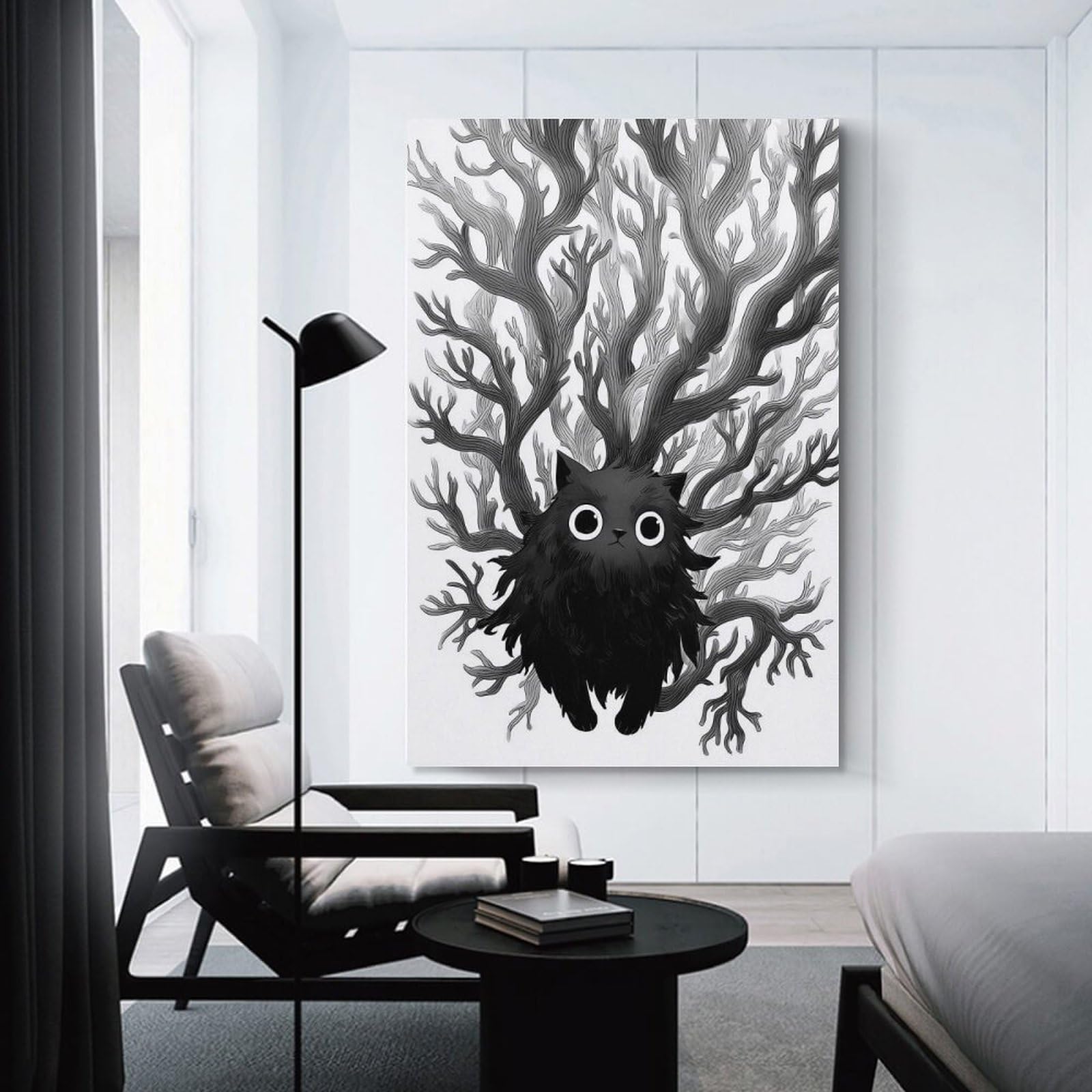 Junmoney Black Cat with Tree Branch Crown Room Decor Wall Art, 20x30inch(50x75cm), for Office, Study Or Home Workspace, Decorative Artwork for Productive Spaces