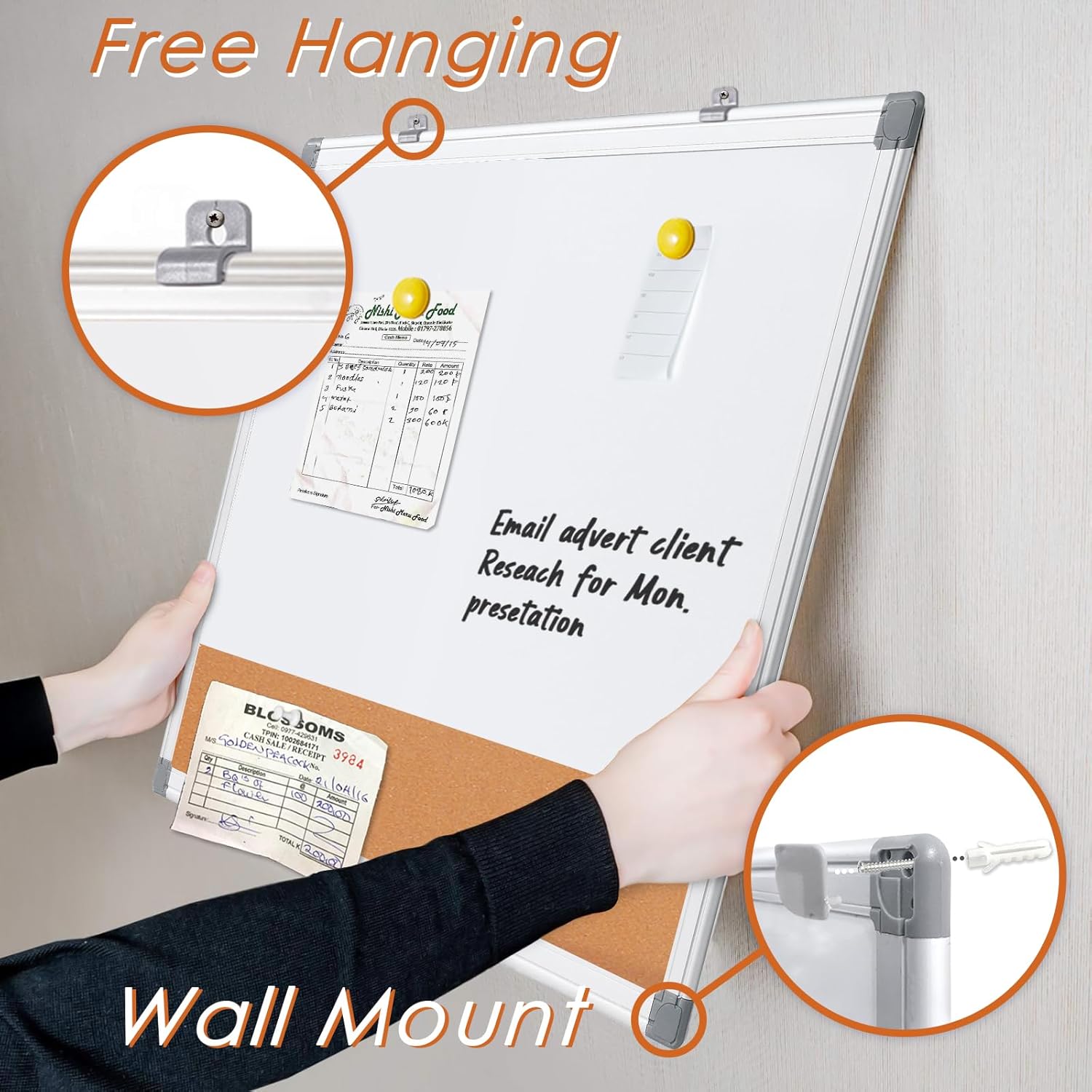 S SWANCROWN Magnetic Dry Erase and Cork Board Combo Hanging Whiteboard Notice Board for Wall Gift Home School Office, 36 x 24 Inches, with Maker/Pins/PenTray/Hooks