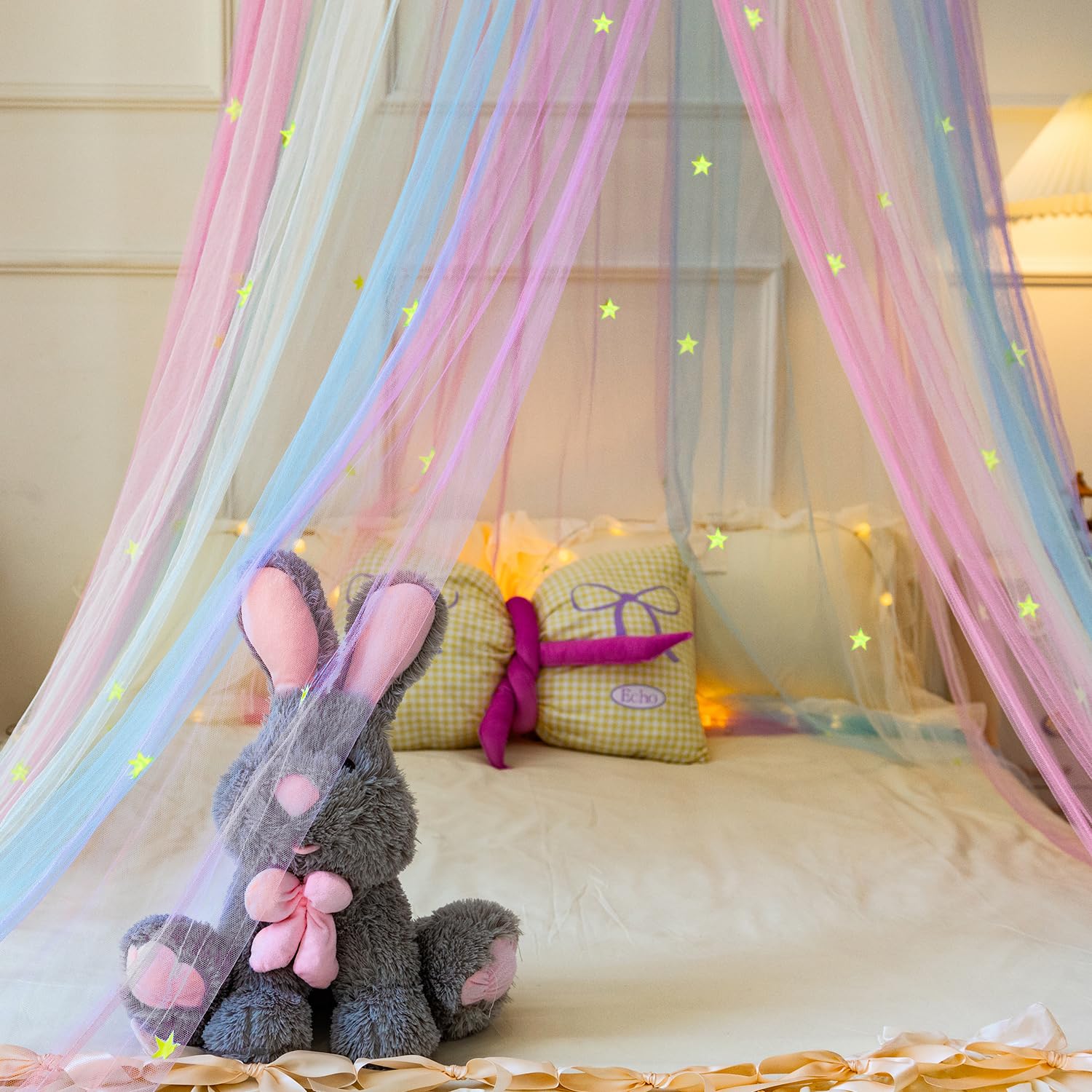 Wnqou Rainbow Bed Canopy for Girls,X-Large Princess Canopy Hanging Netting Bedroom Decor for Girls Mosquito Net for Baby Crib Twin to King Size Bed (Stars-Rainbow) - Image 3