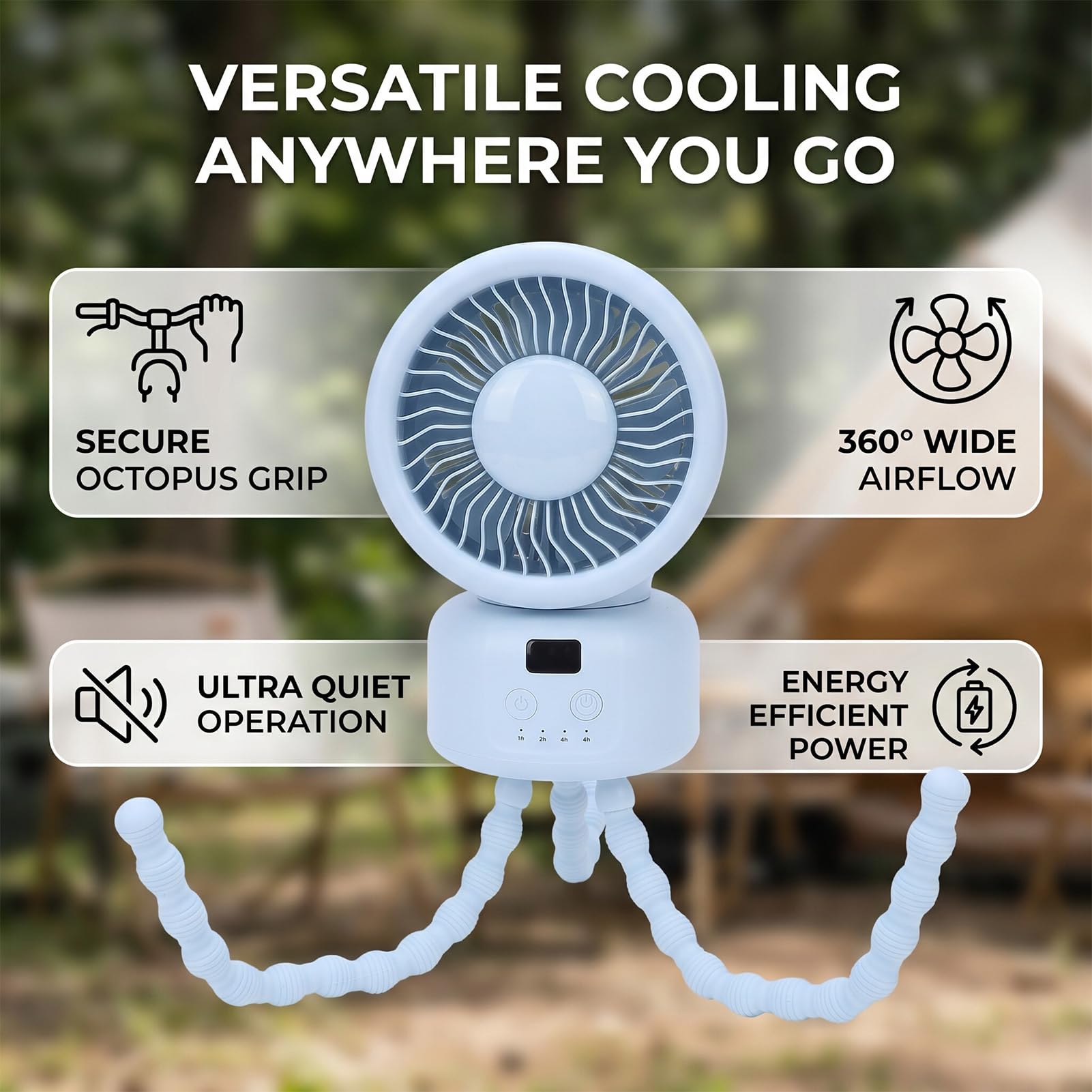 RIZGHWOY Ventilatore per Passeggino, Ventilatore da Scrivania con Clip a Forma di Polipo, Rotazione a 360 Gradi Portatile Ricaricabile con Timer per Esterno e Campeggio