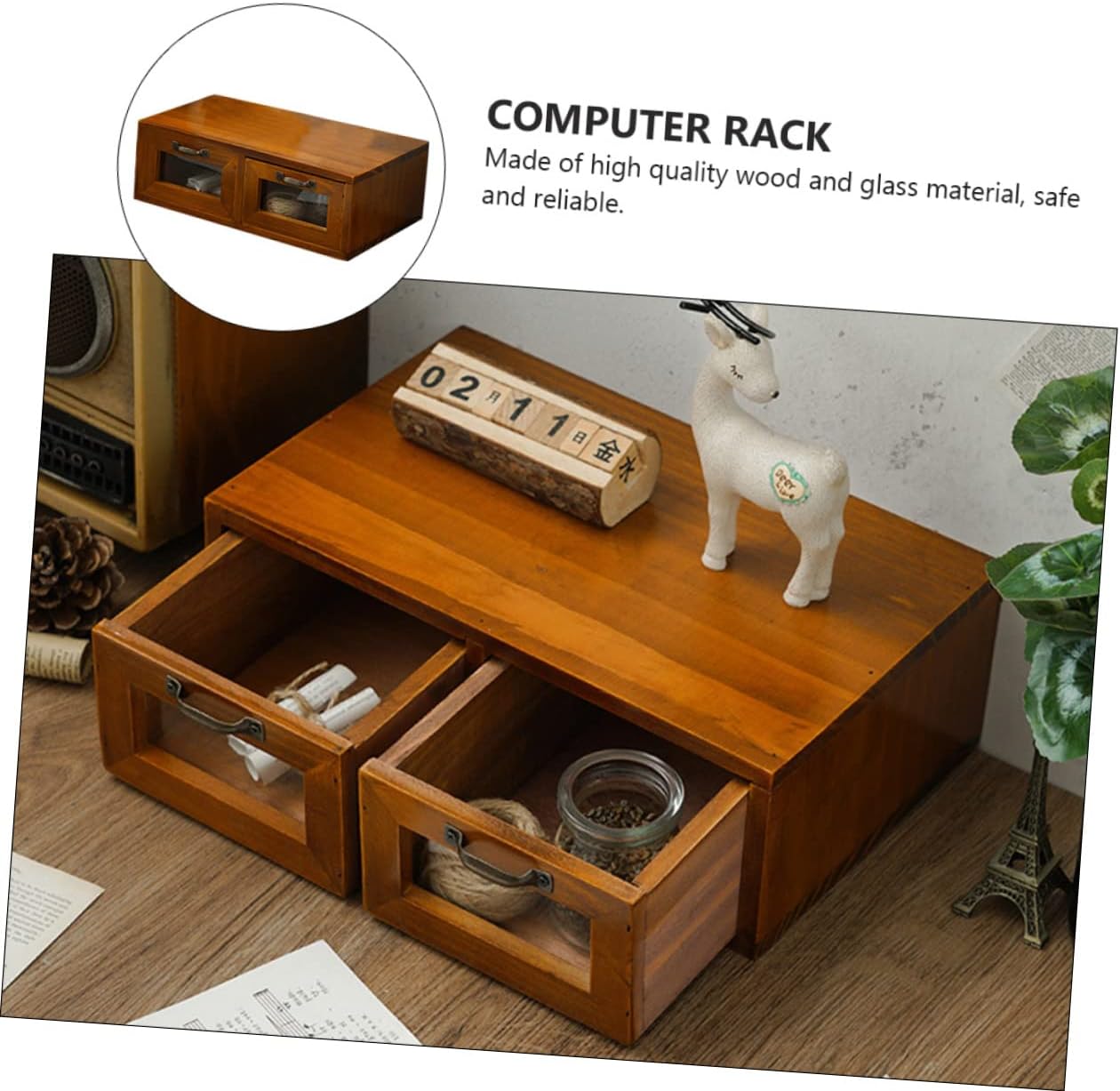 Vintage Style Wooden Monitor Riser with Storage Box Ergonomic Laptop Elevating Rack for Home Office Desk Organizer Multi Function Desktop Shelf for Comfortable Screen Viewing and