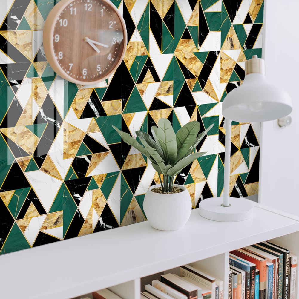 Targawerelax Golden/Green Thick Tile Stickers For Kitchen, Stick On Tiles For Bathroom Wall Self Adhesive Waterproof Vinyl Peel And Stick Wall Tiles Covers, Kitchen Splashbacks For Walls, Gem Gorgeous