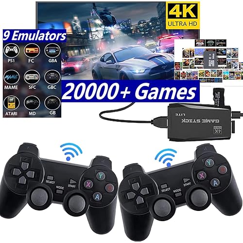 Qarjaky Wireless Retro gaming console, Plug & Play Video TV Game Stick with 4K HDMI Output,Built-in 9 Emulators, 20,000+ video games,with Dual 2.4G Wireless Controllers for TV Plug and Play(64G)