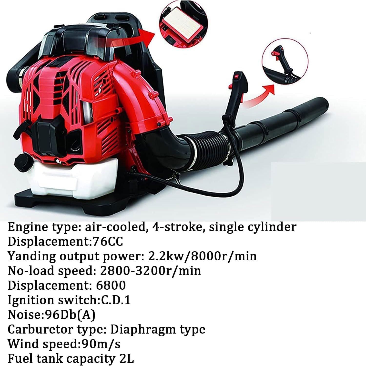 Dmuchawa do liści plecaka, 76 cm³, 2,2 kW, silnik 4-suwowy, 90 m/s, prędkość wiatru 2800-3200 obr./min, wyściełane paski podtrzymujące, zbiornik paliwa 2 l, do usuwania kurzu i nadmuchu śniegu