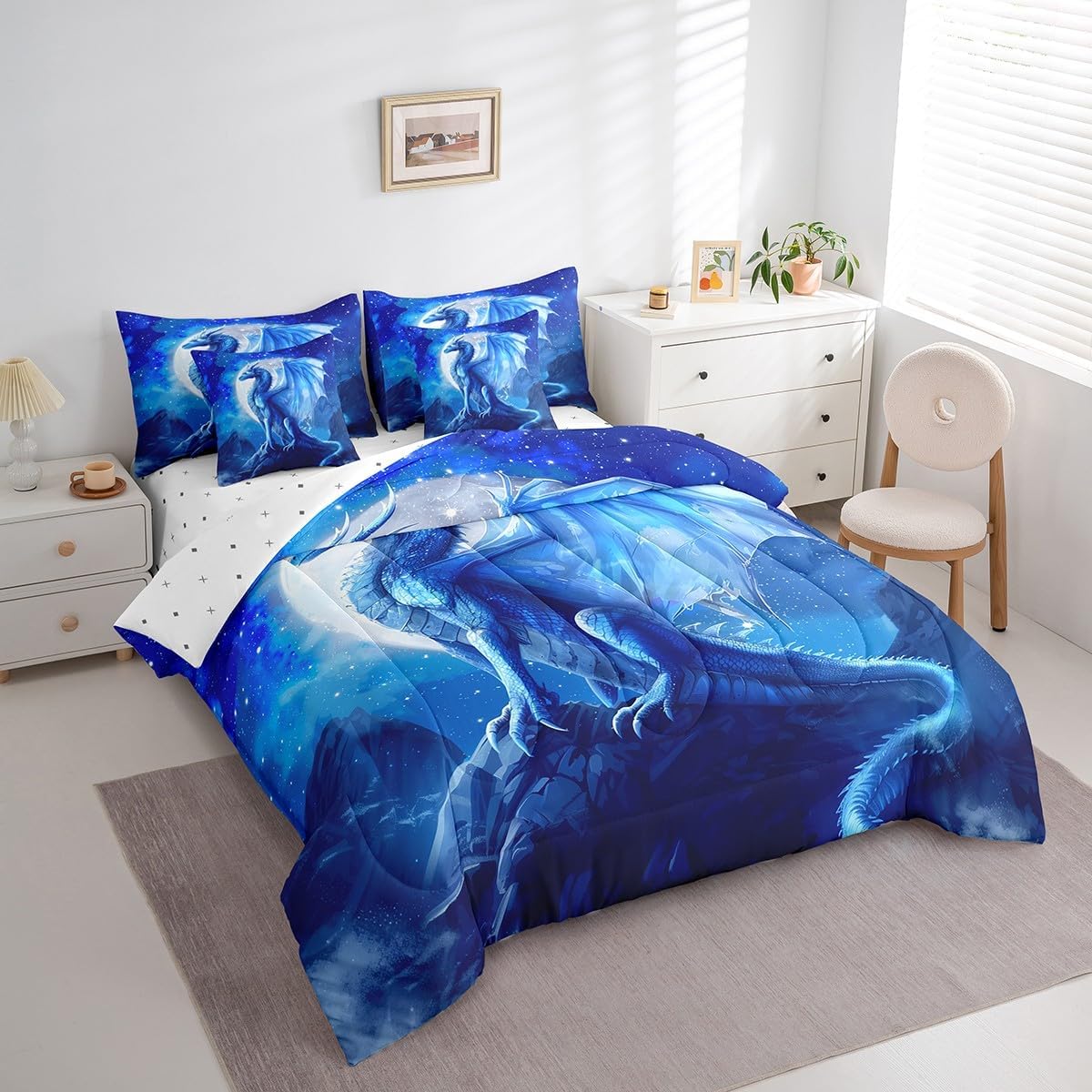 Erosebridal Dragon Bedding Comforter Sets 3D Ancient Animal Print Bed in A Bag Mysterious Blue Galaxy Comforter Set Trippy Moon Stars Bedding Set Bedroom Decor for Women Men Adults Queen Size 7 Piece