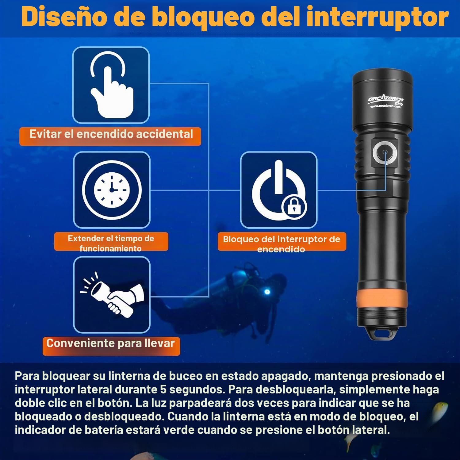 Orcatorch D710 Linterna Buceo, linterna submarina de 3000 lúmenes con haz estrecho de 6 grados, linterna de buceo nocturna impermeable IP68 con indicador de batería【Buceo subacuático de 492 pies】