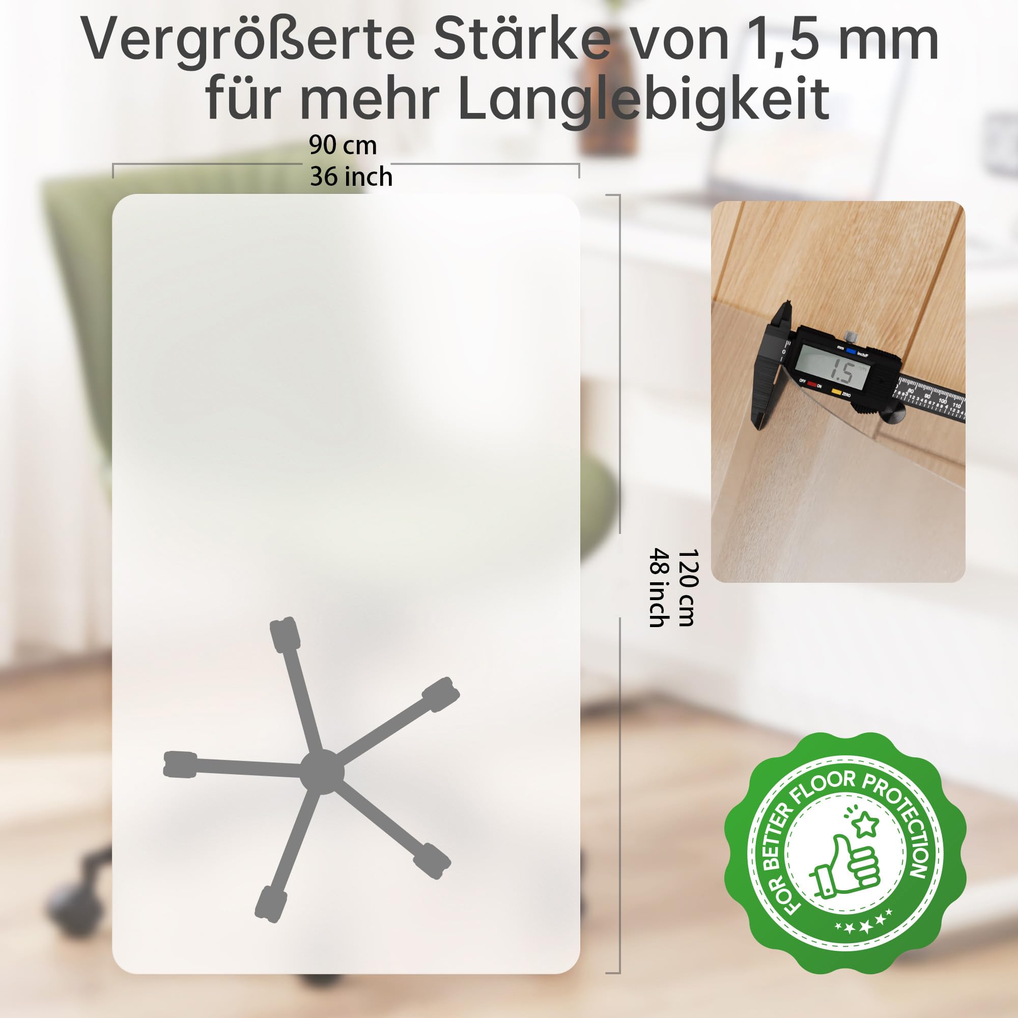 Bodenschutzmatte, transparente Bürostuhl Unterlage für Hartböden, versch. Größen rutschfeste Bodenmatte für Schreibtischstuhl - 90x120cm