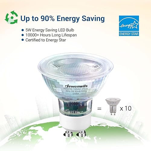 Miniatura 4 de DEWENWILS Paquete de 10 bombillas LED GU10, 2700 K blanco cálido de 50 W de repuesto halógeno, bombilla LED regulable con cubierta de vidrio para