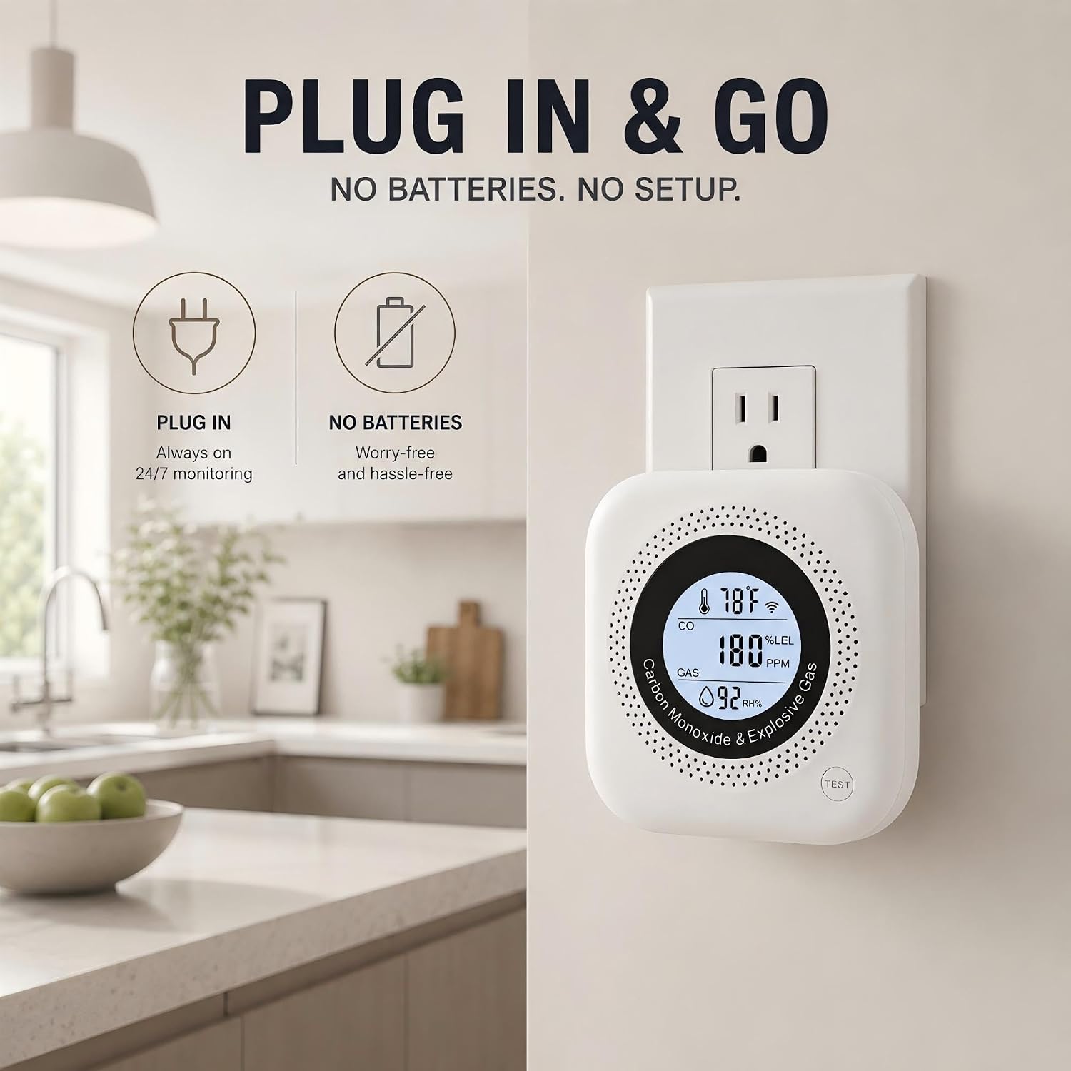 3 Pack 4-in-1 Plug-in Carbon Monoxide Detector with Digital Display, Natural-Gas & Propane-Gas Monitoring Device for Garage, Basement & Multi-Room Indoor Use, White