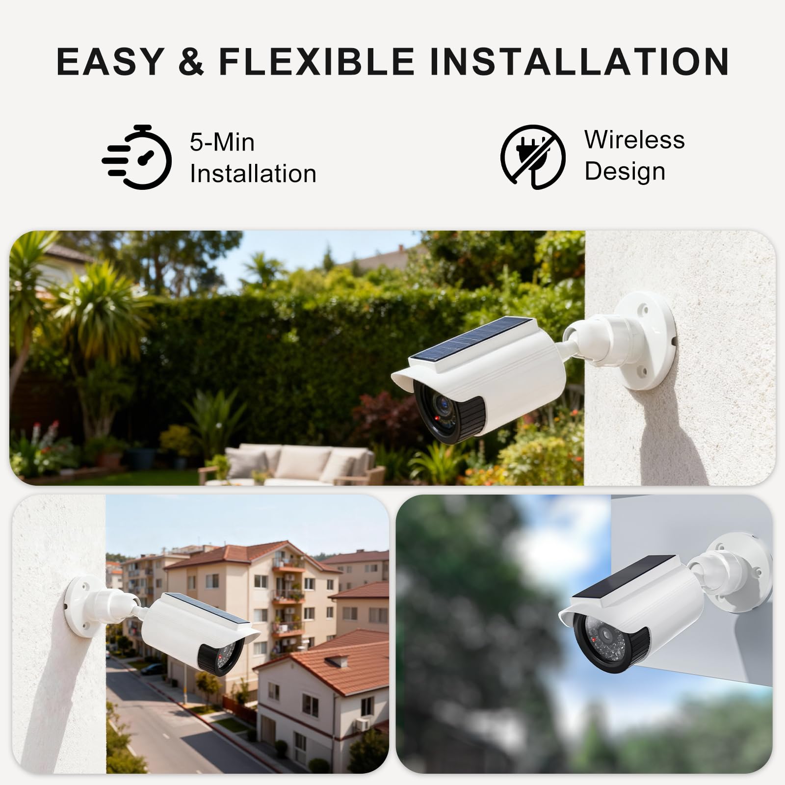 WALI Lot de 2 fausses caméras de sécurité factices à énergie solaire avec lumière LED pour intérieur et extérieur - Simulation de surveillance - Caméras dôme avec autocollant d'avertissement (SOLTC-W2
