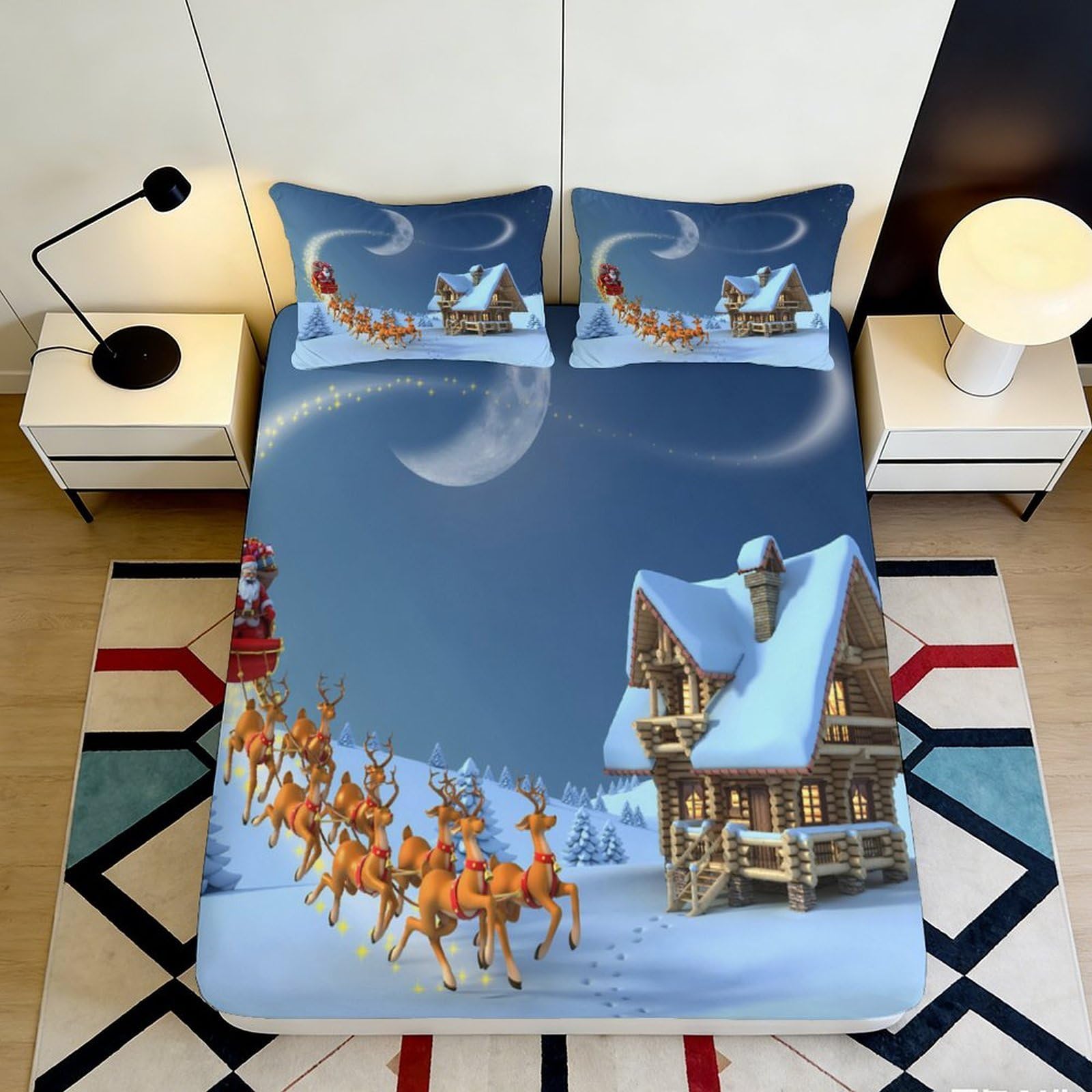 3D Printed Christmas Night Fitted Sheet Microfiber Santa Sleigh Bed Cover for Bedroom Guest Room Decor 90x200x25cm