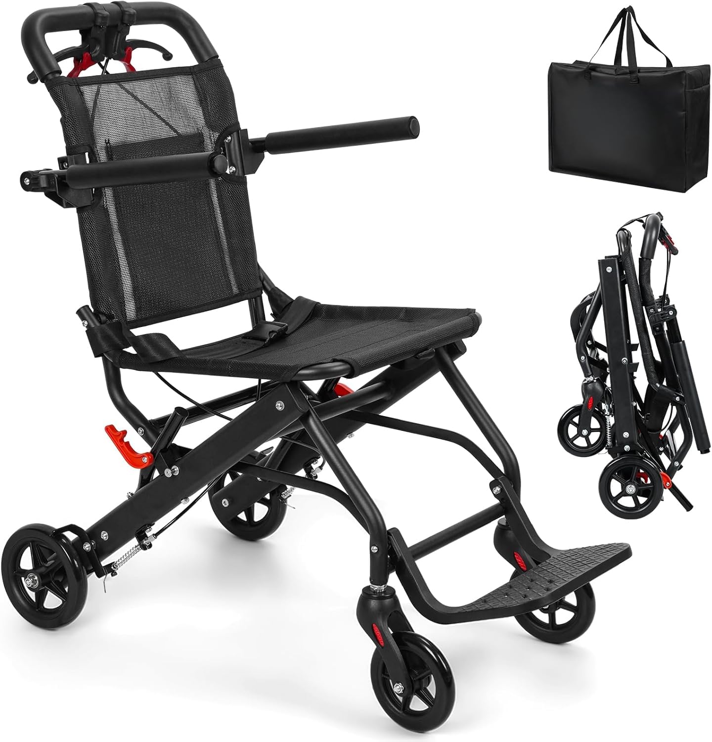 YGNVMCXJG Lightweight Transport Wheelchair Foldable for Adults, 13 LBS Aluminum Transfer Wheelchair, Portable Travel Wheelchair for Airplane Use, 286 lbs Capacity