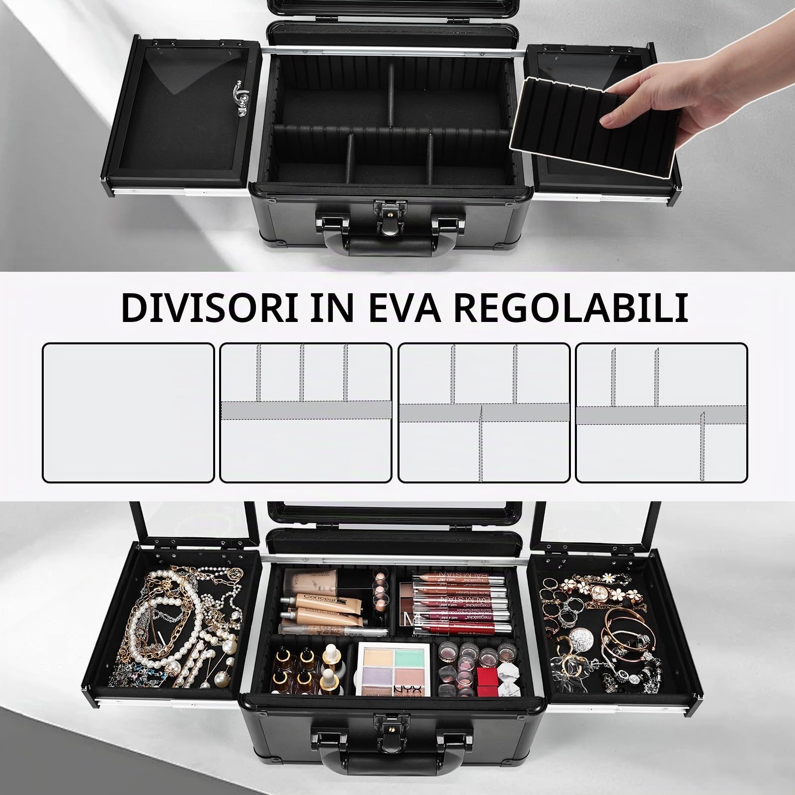 Custodia per trucco da viaggio con specchio a LED Vanity Case con specchio Custodia per trucco Scatola per trucco Divisori regolabili Vassoi pieghevoli per la conservazione dei gioielli, Nero opaco