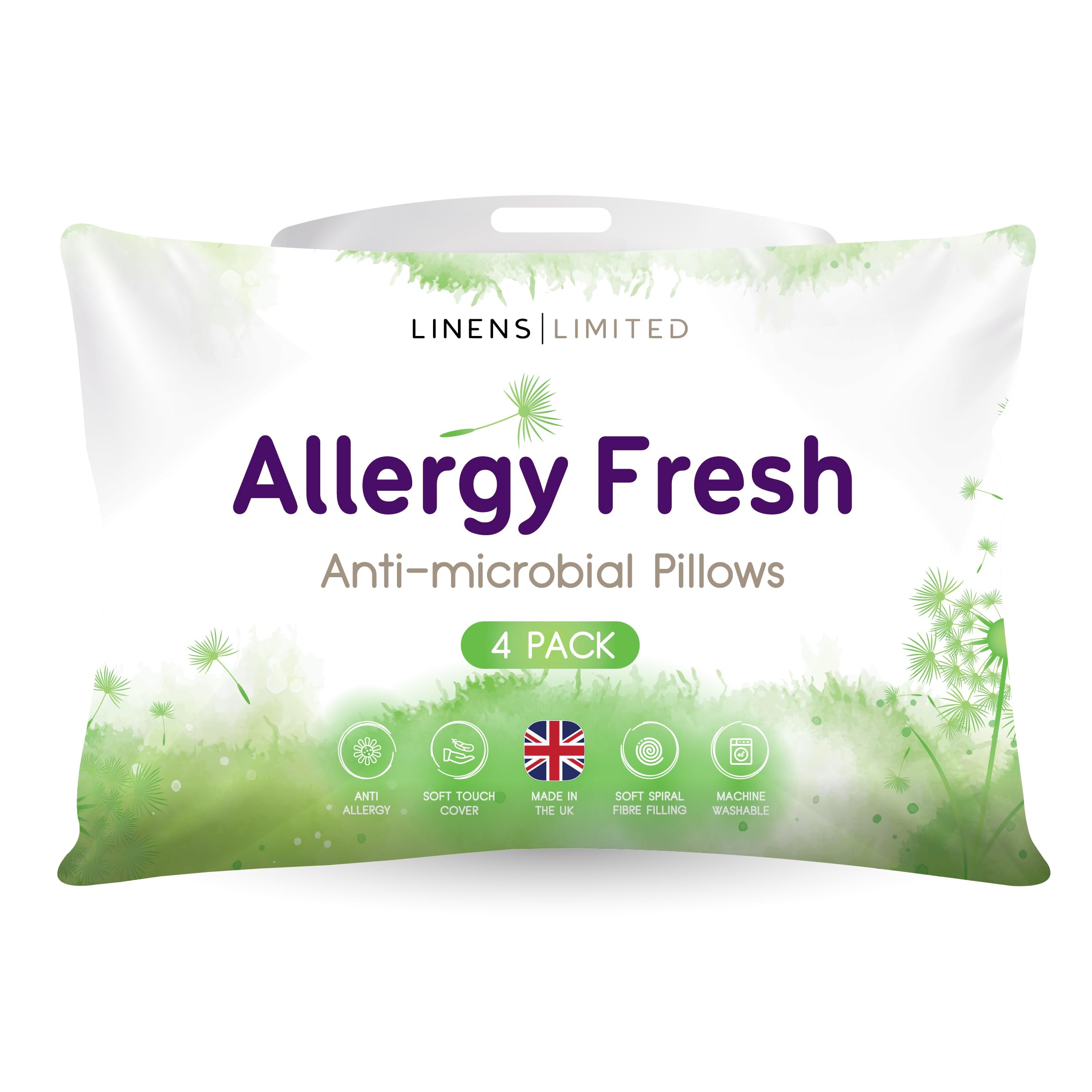 Linens Limited White - Soft Pillows 4 Pack, Made In The Uk, Allergy Fresh, Soft And Firm With Orthopedic Support, Anti Allergy Hollowfibre, Machine Washable (White)