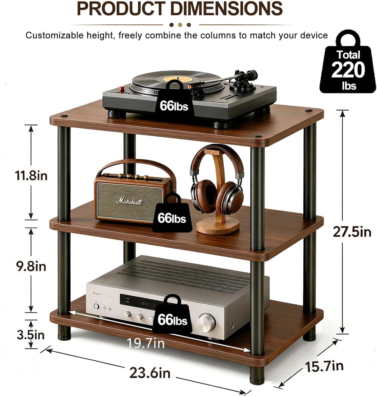 Heavy Duty Audio Component Rack, 4-Tier Height Adjustable AV Equipment Media Stand, Stereo CD Record Player Stand, with Shock-Absorbing Feet & Lockable Wheels | 220lbs Capacity(Brown,3 tier)