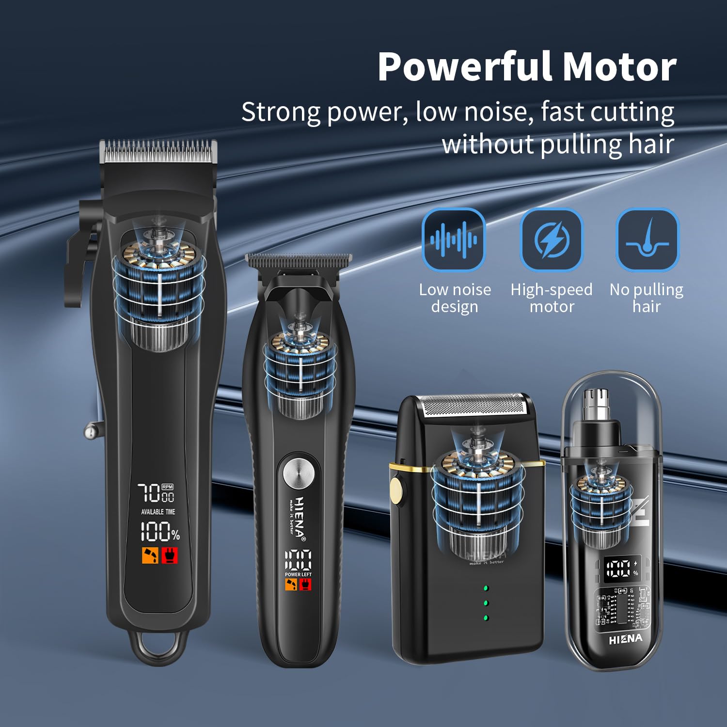 HIENA PRO Tondeuse à cheveux pour homme, sans fil, tondeuse à barbe, rasoir à lames, tondeuse à nez, kit complet de rasage et de coupe de cheveux électrique