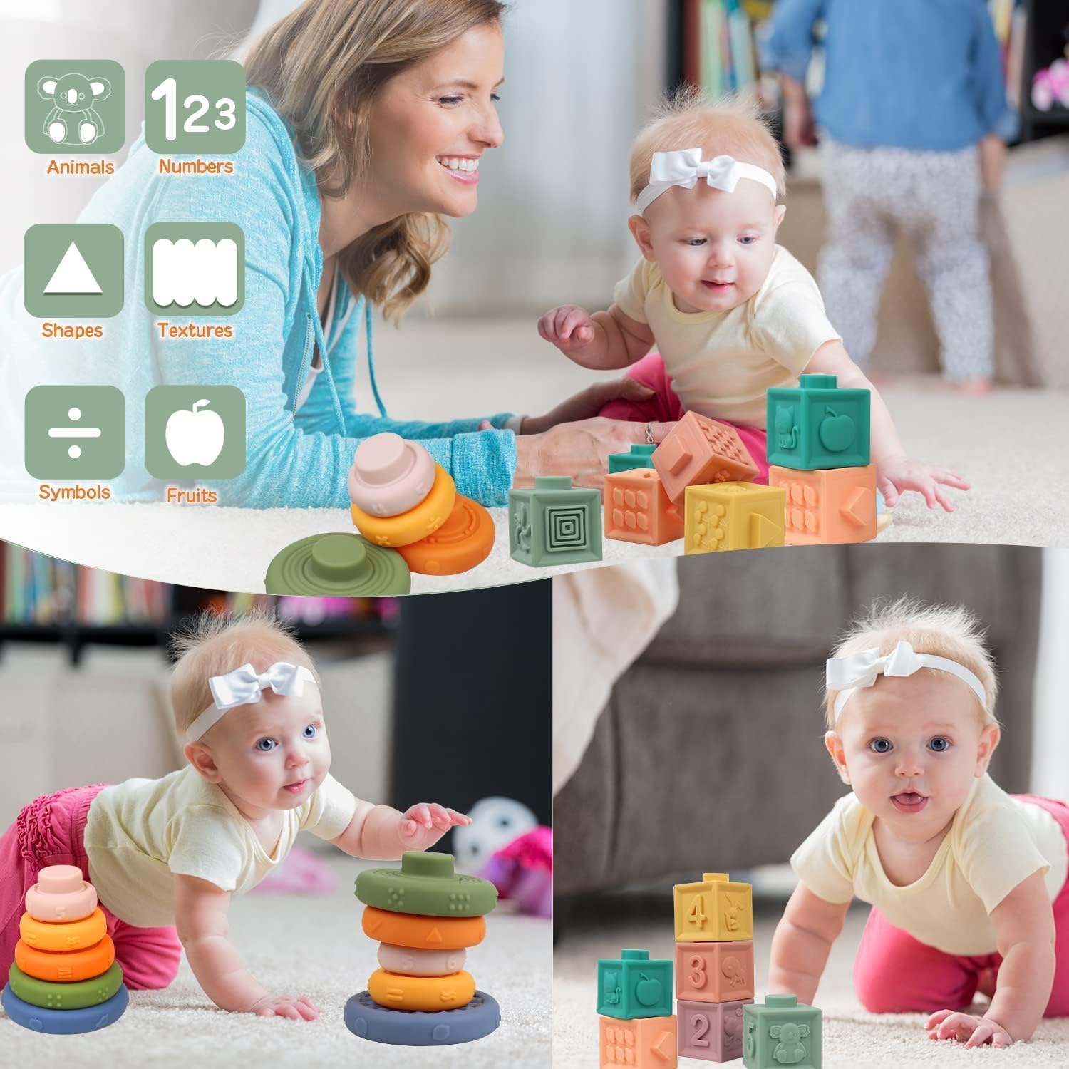 3 in 1 Montessori Toys for 6-12 Months, Educational Learning Bath Toys for 3-6-9-12 Months, Stacking Building Blocks & Soft Baby Pulling Teething Toys & Ring Stacker & Cube Shape Sorter