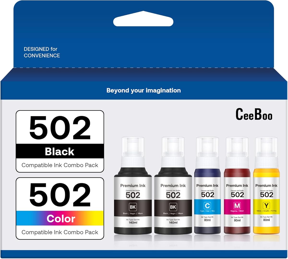 CEEBOO Refill Ink Bottle Replacement for Epson 502, 2 Black,Cyan,Magenta,Yellow, 5 Bottles