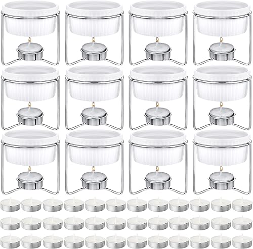 Juego de 60 calentadores de mantequilla de cerámica, incluye 12 calentadores de mantequilla para derretir mariscos con soportes, 48 velas de té para