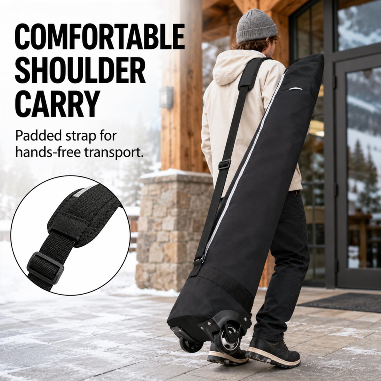 Sac de ski rembourré à roulettes pour voyage en avion, le sac de ski rembourré peut accueillir des skis jusqu'à 200 cm.