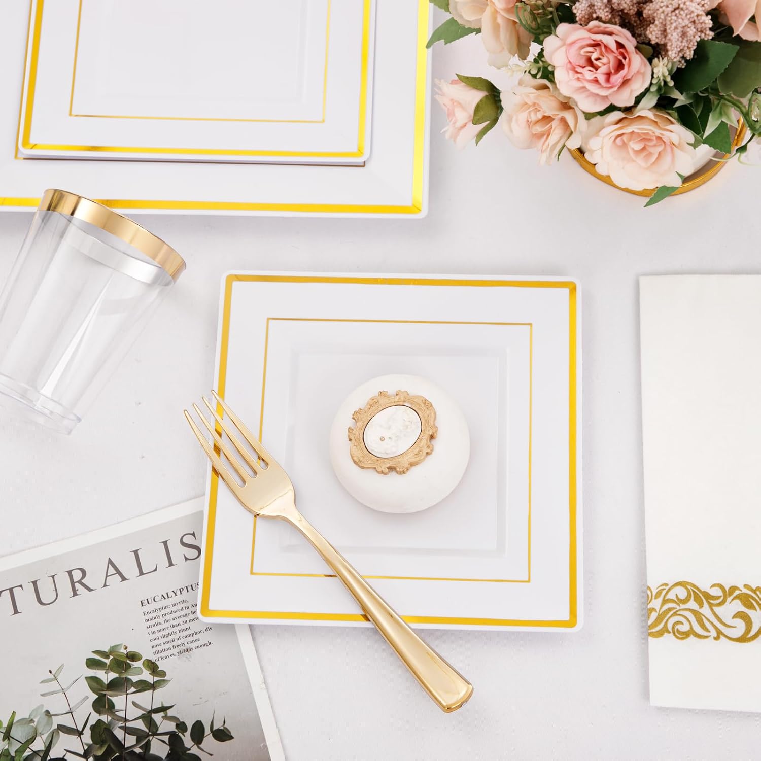 I00000 175PCS Gold Plastic Dinnerware Set, Includes 25 Dinner & Salad Plates, 25 Gold Silverware Sets, 25 Tumblers, 25 Guest Towels for Wedding