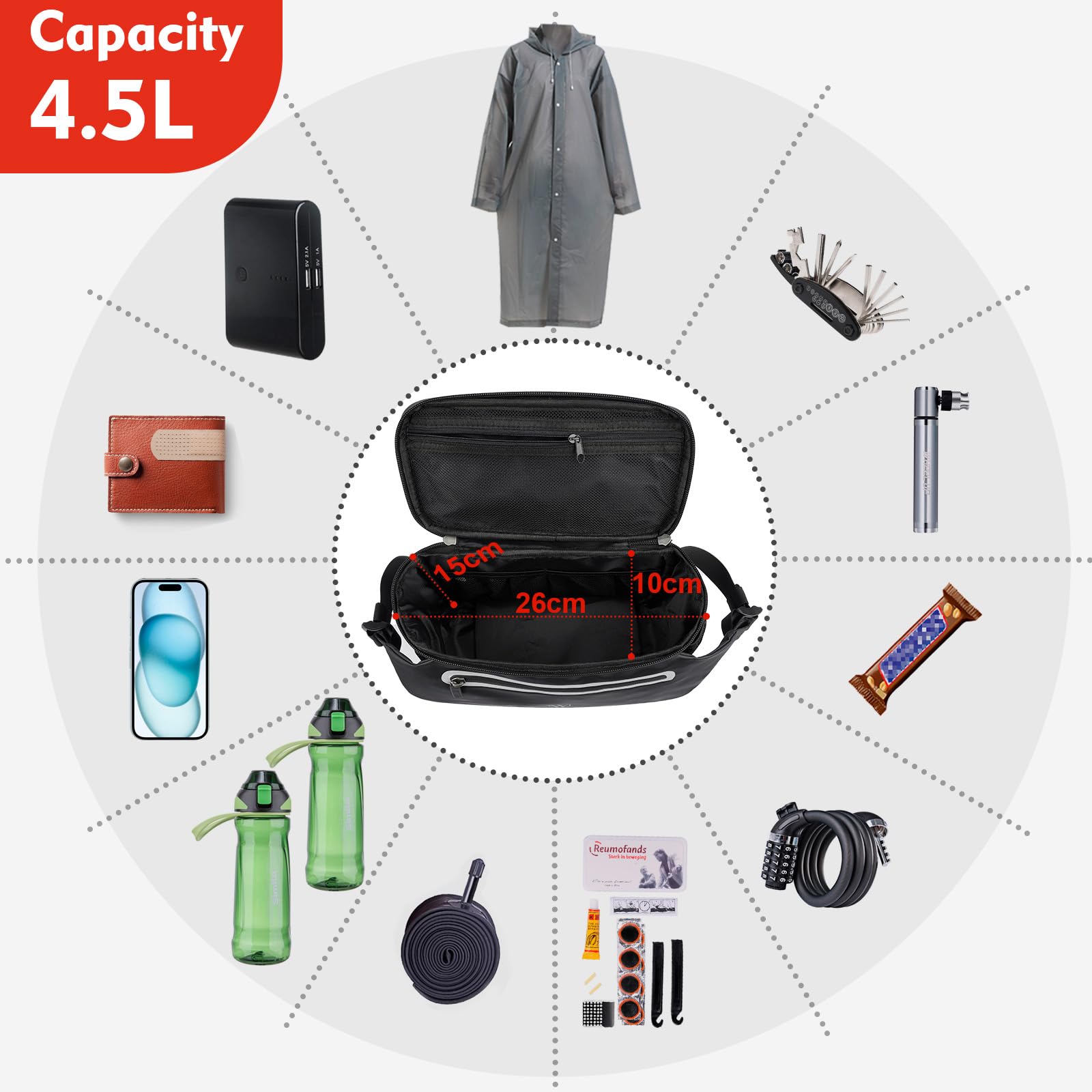 Borsa Manubrio Bici 6.5L Impermeabile - Con Adattatore, Tasca Smartphone, Per Bici Ed E-bike, Nero - Foto 8