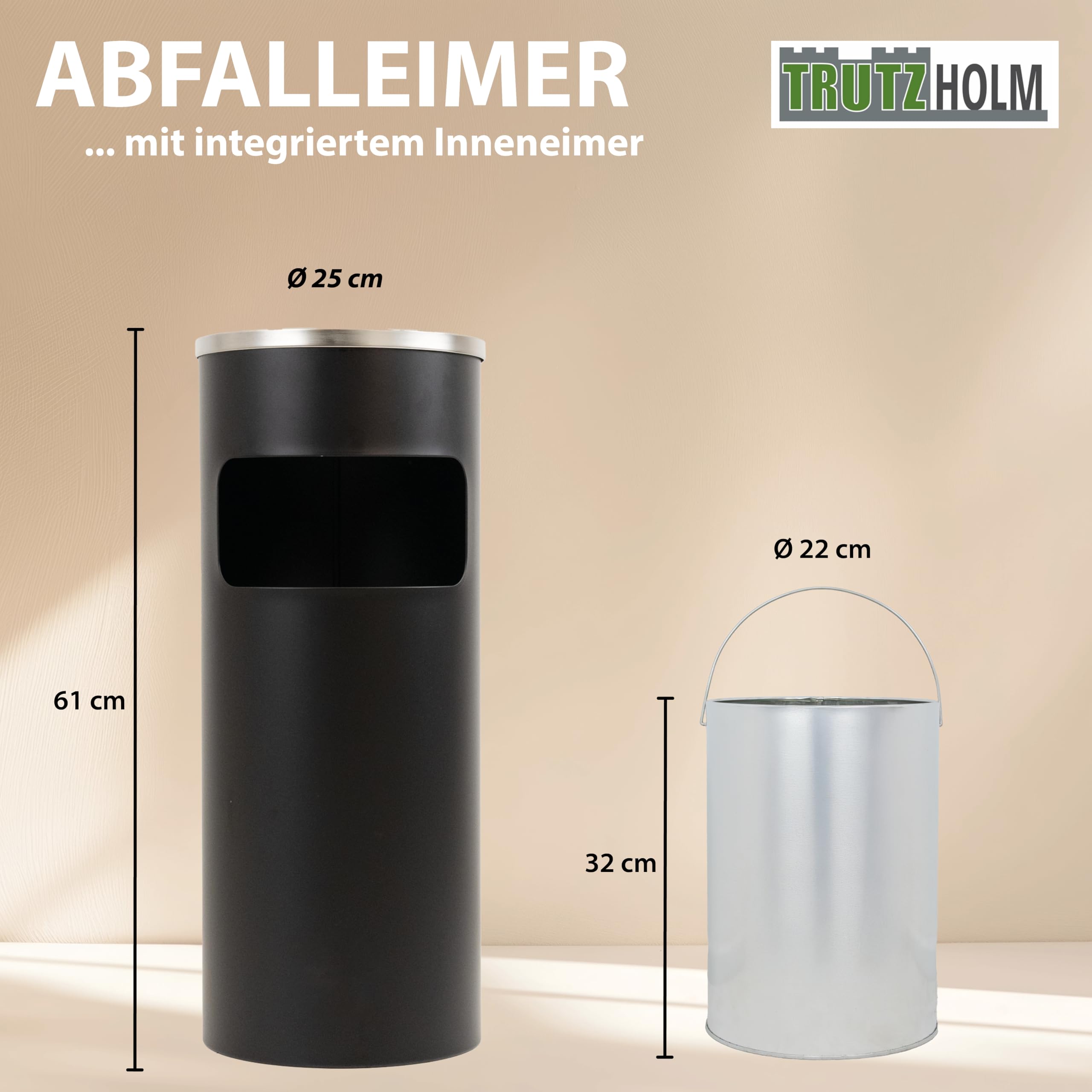 TRUTZHOLM Standaschenbecher für draußen 61x25 cm 30L Schwarz Metall pulverbeschichtet Mülleimer mit Inneneimer und Abaschschale Abfalleimer 2in1 Mülleimer mit Aschenbecher Outdoor Hotel Restaurant