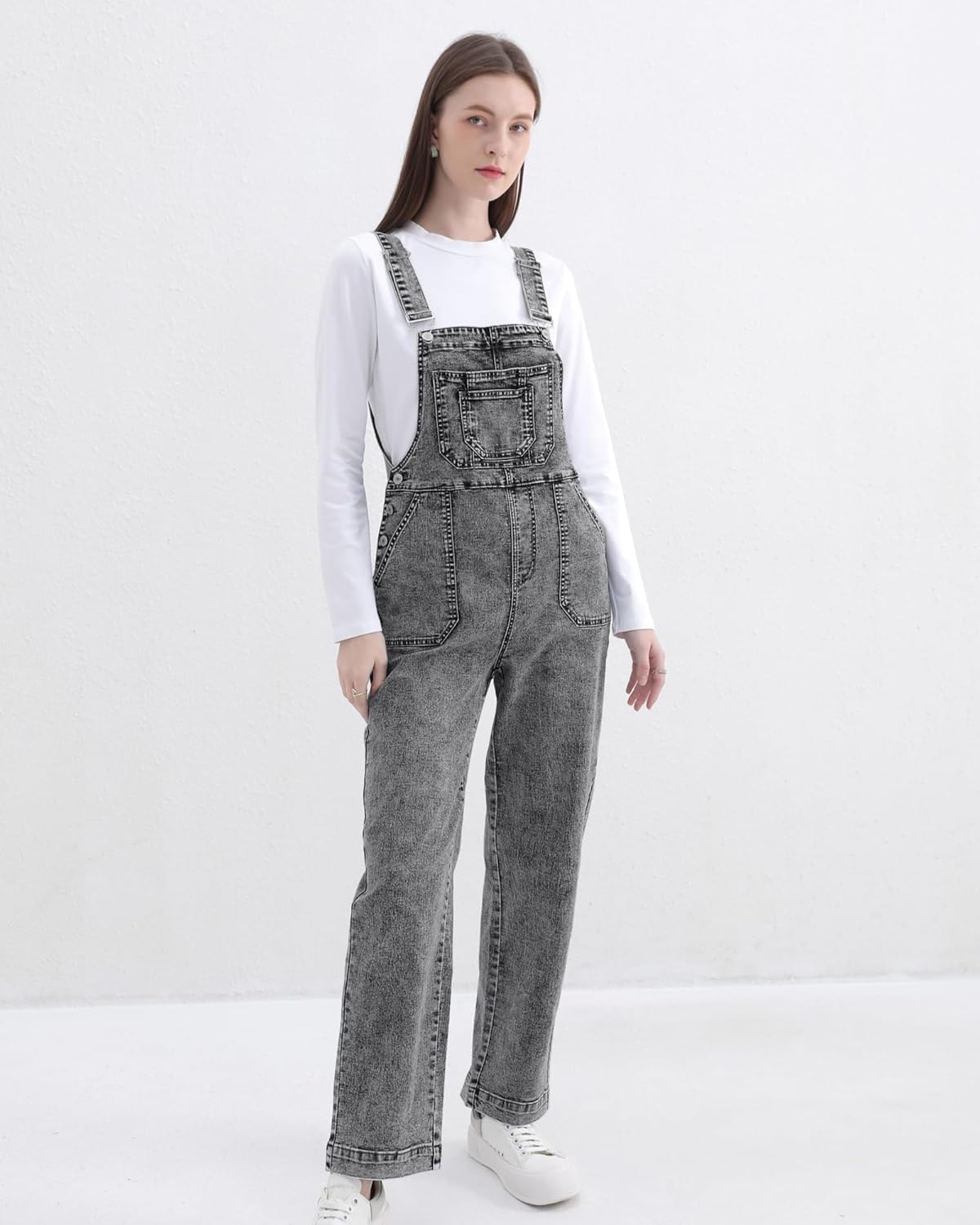 Women's Denim Overalls with Adjustable Straps Relaxed Fit Multiple Pockets Vintage Wash Stretchy Jean Overalls - Image 2