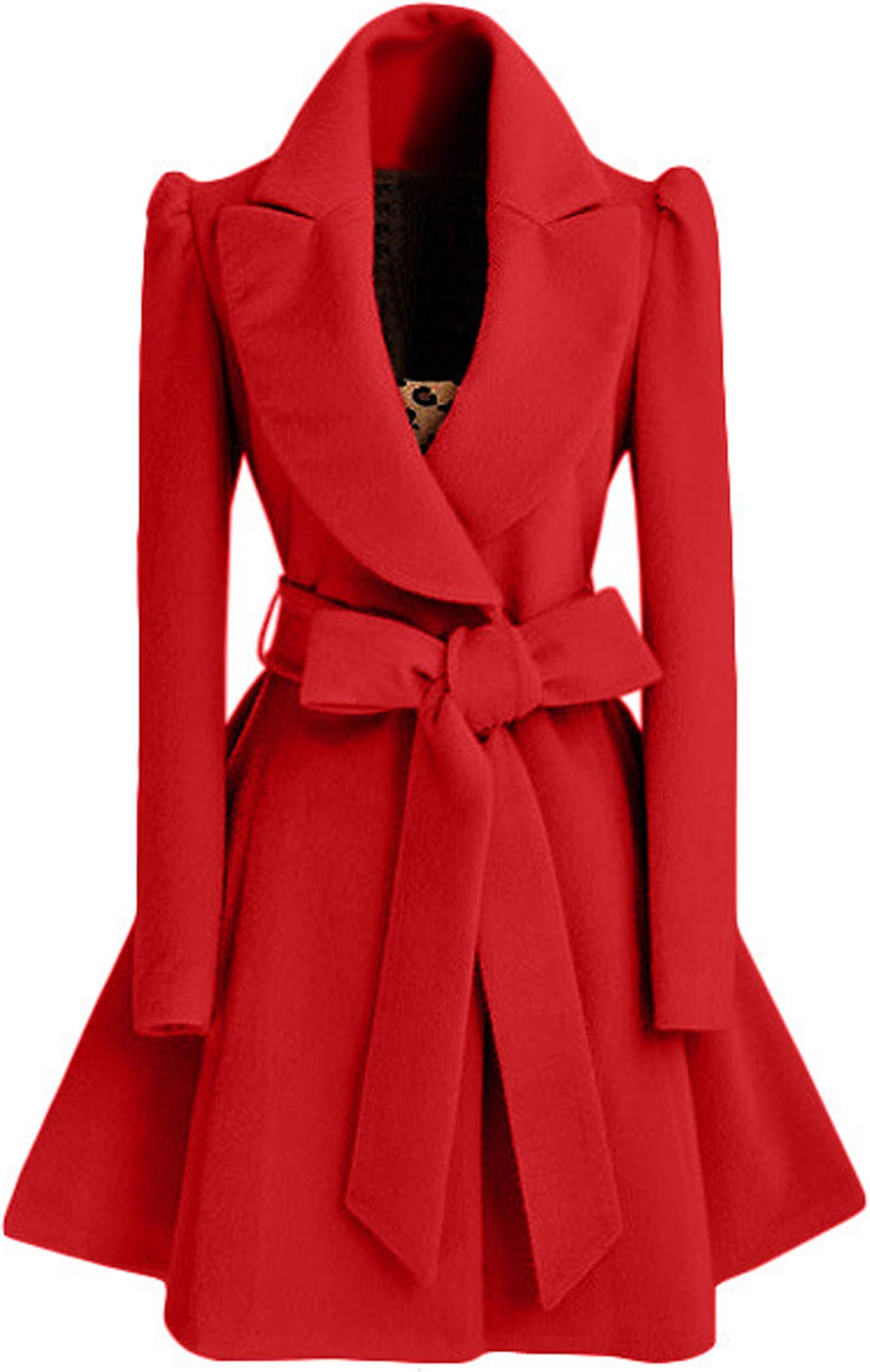 Turbomsun Women's Coat Vintage Waist Bow Lapel Thick Wool Trench Outwear Fold Big Swing Long Jacket Dress with Belt.