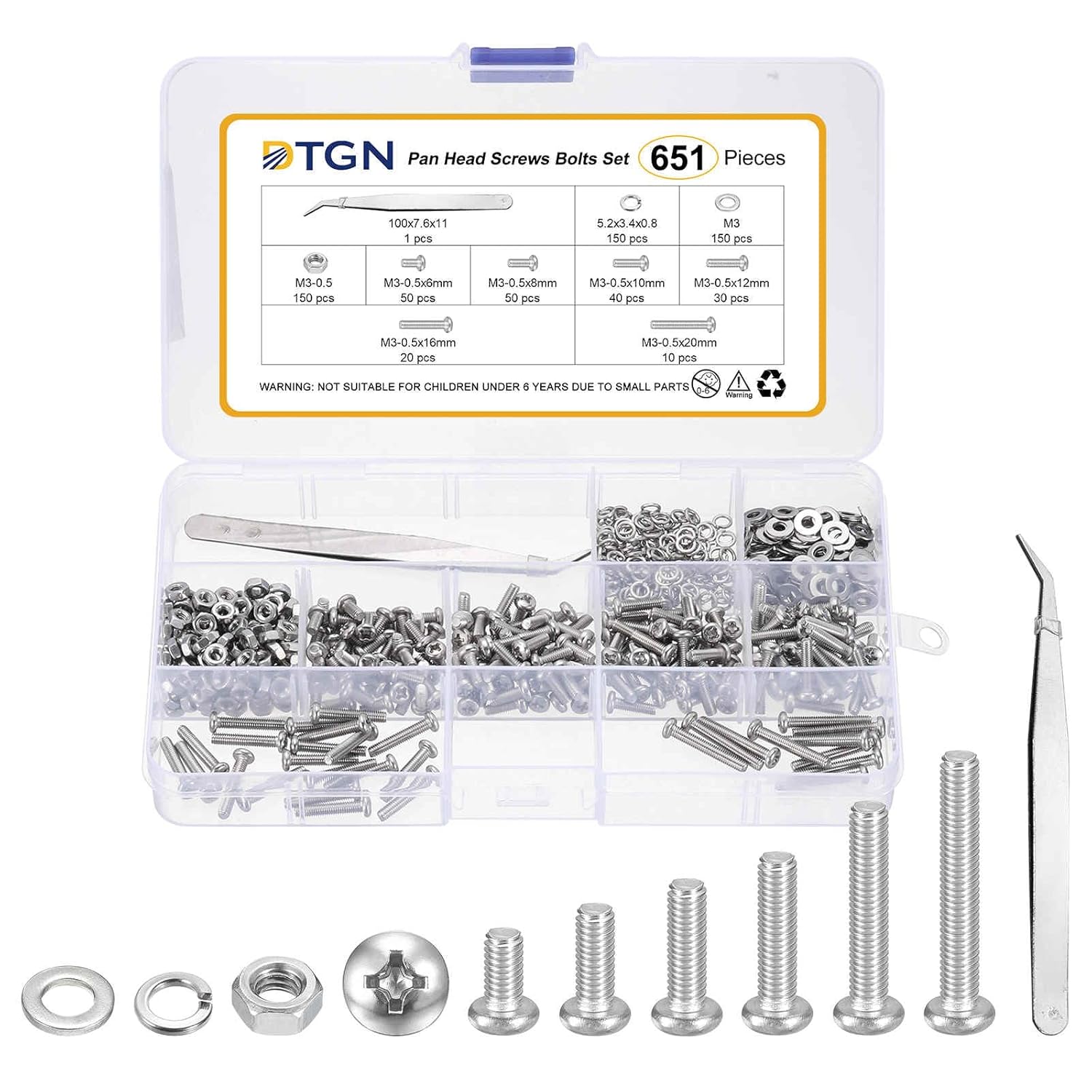 DTGN M3-0.5 Pan Head Machine Screws Assortment Kit - 651pcs - Good for Machinery - 304 Stainless Steel Phillips Nuts Bolts Assorted Set W/Washers and Tweezers - Silver