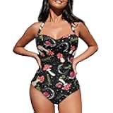 Yuuxorilu Women Tummy Control Swimwear Halter One Piece Slimming Vintage Swimsuit Ruched Push Up Bathing Suits