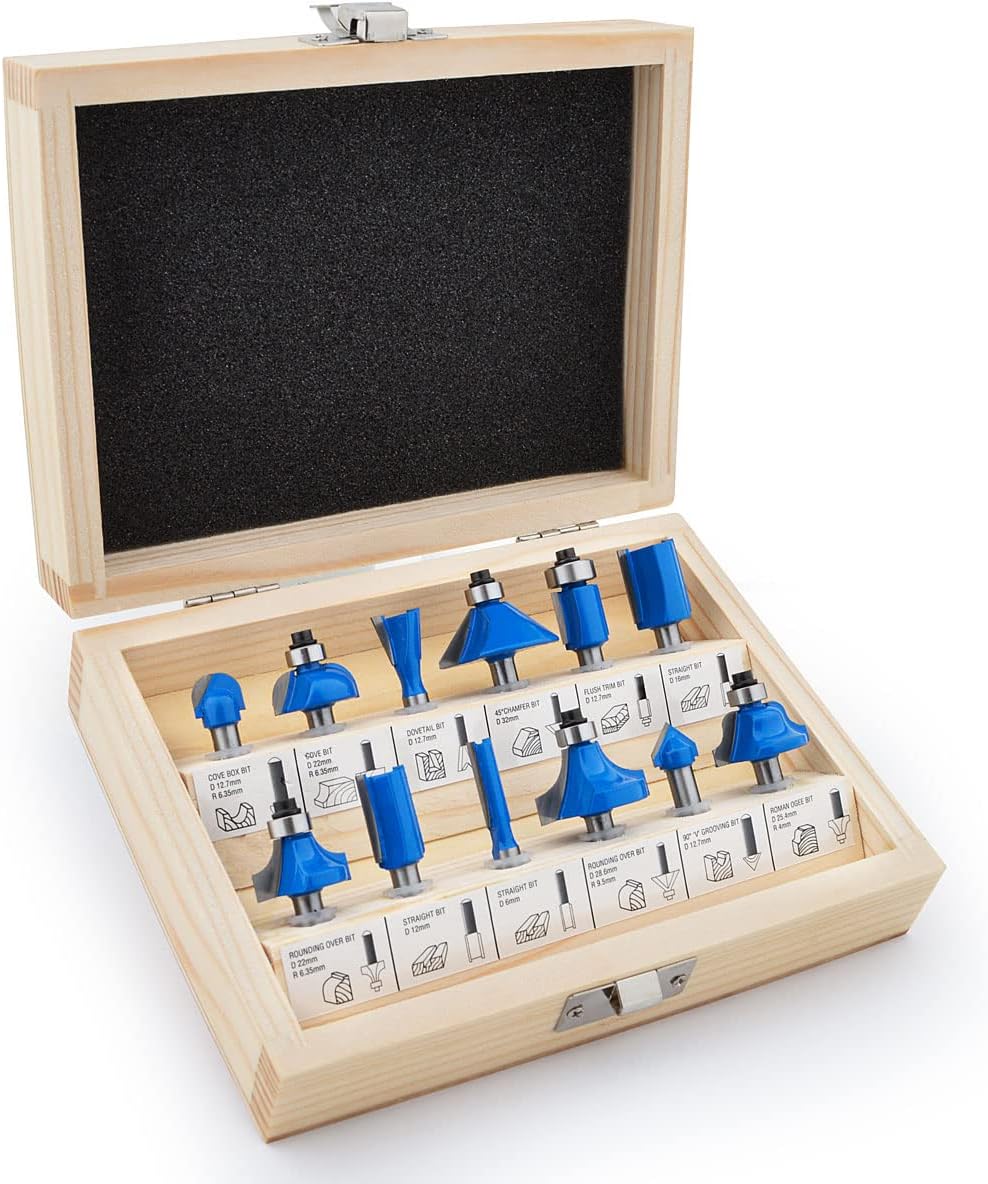 Gunpla 12 Pieces Tungsten Carbide Tipped Router Set 6.35mm Shank TCT Router Bit Woodworking Milling Cutter Tools with Wood Storage Case Set for Doors, Tables, Shelves, Cabinets, DIY Wood