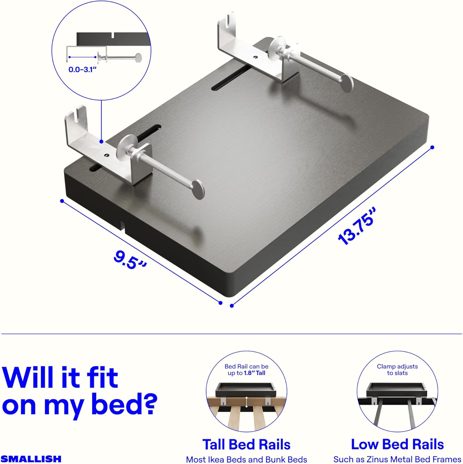 BedShelfie Wood Bedside Shelf for Bunk Bed & Top Bunk, College Dorm Room Essentials, Loft Nightstand, Floating Bed Side Table Tray Storage, Dorm Room Decor by Smallish - (Flexfit Bamboo Model, Black)