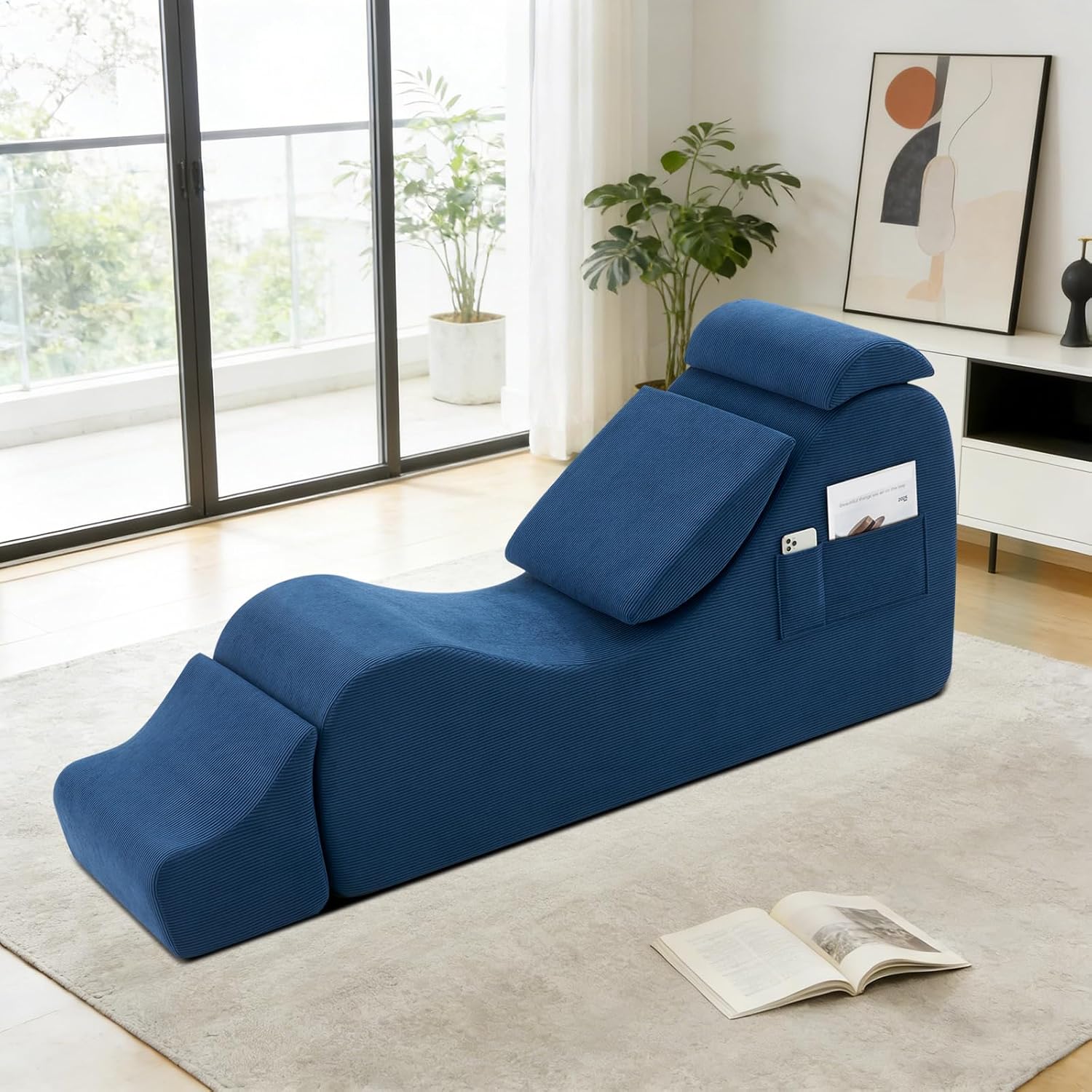 Yoga Chairs for Adults, Ergonomic Chaise Lounge Chair Indoor with Side Pocket, Lumbar Pillow, Ottoman, Yoga Chair Perfect for Stretching, Relaxation, Exercise, Used in Bedroom, Living Room