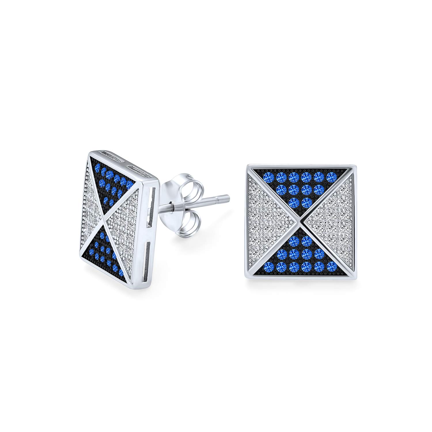 Negro real azul cúbico Zirconia Micro Pave Geométrico CZ Pirámide cuadrados pendientes para hombres 925 plata de ley 11MM
