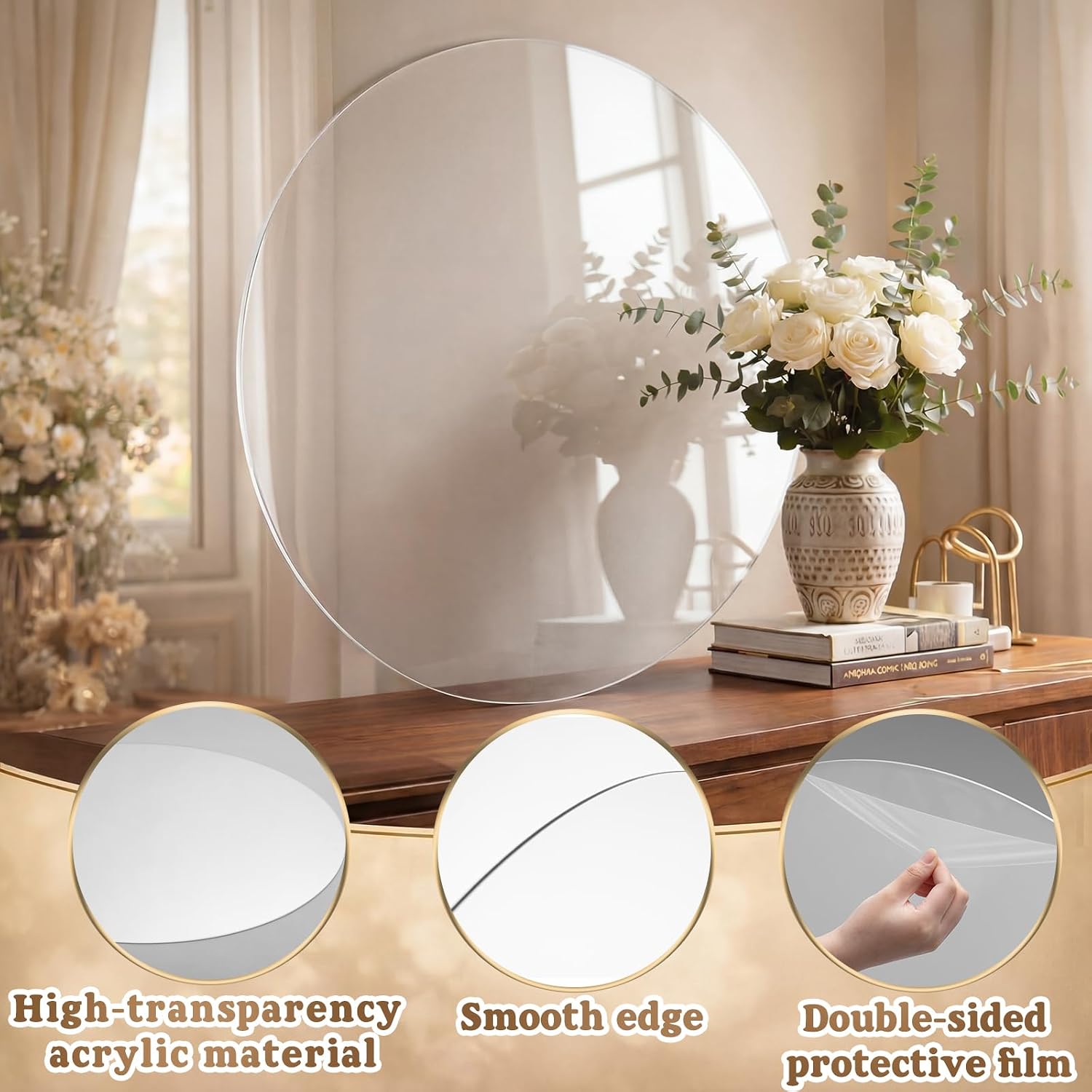 Gisafai 2 Pcs Large Clear Acrylic Round Disc, 1/8 Inch Thick Glass Circle Sheets with Protective Film, Transparent Acrylic Panels for DIY Projects, Crafts, Cake Displays and Tabletop (30 Inch)