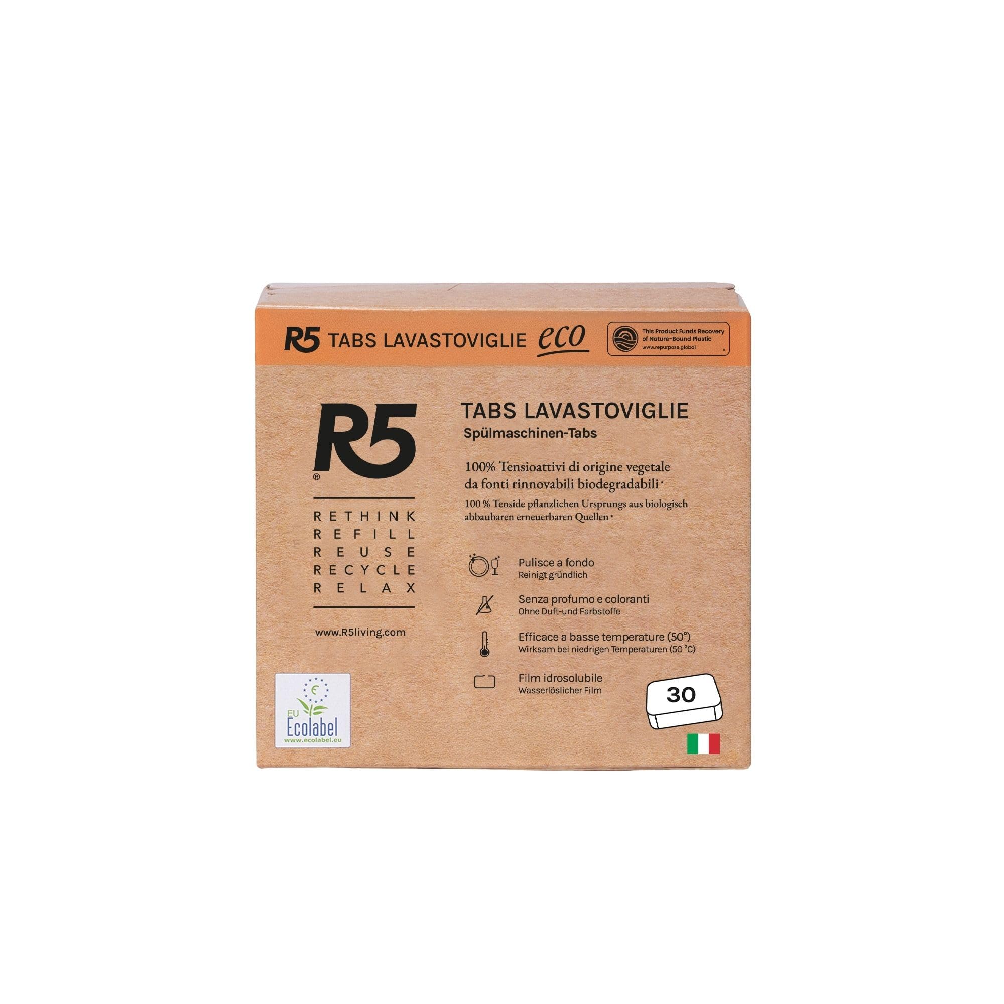 R5 Eco Tabs Lavastoviglie Eco Tabs Lavastoviglie; 30 Pastiglie Lavastoviglie con Tensioattivi di Origine Vegetale, Certificato Ecolabel, Made in Italy